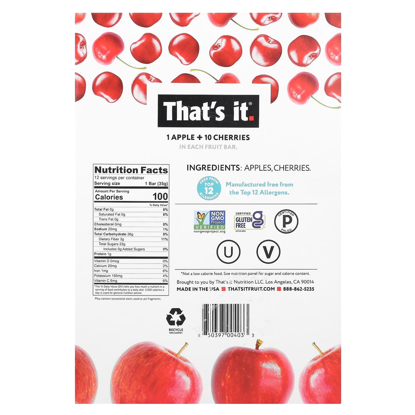 That's It, Fruit Bars, Apple + Cherries, 12 Bars, 1.2 oz (35 g) Each - Image 2