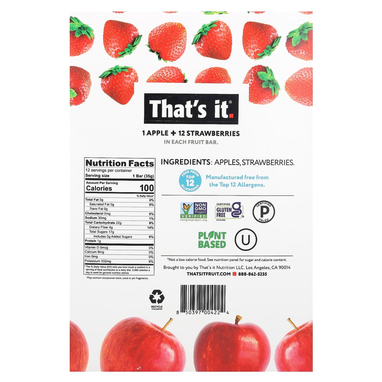 That's It, Fruit Bars, Apple + Strawberries, 12 Bars, 1.2 oz (35 g) Each - Image 2