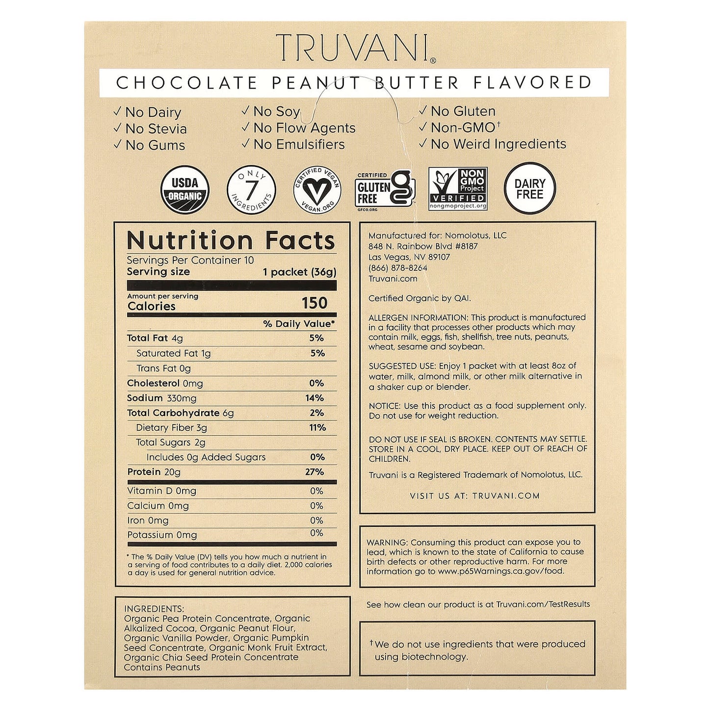 Truvani, Plant Based Protein, Chocolate Peanut Butter, 10 Packs, 1.27 oz (36 g) Each - Image 2