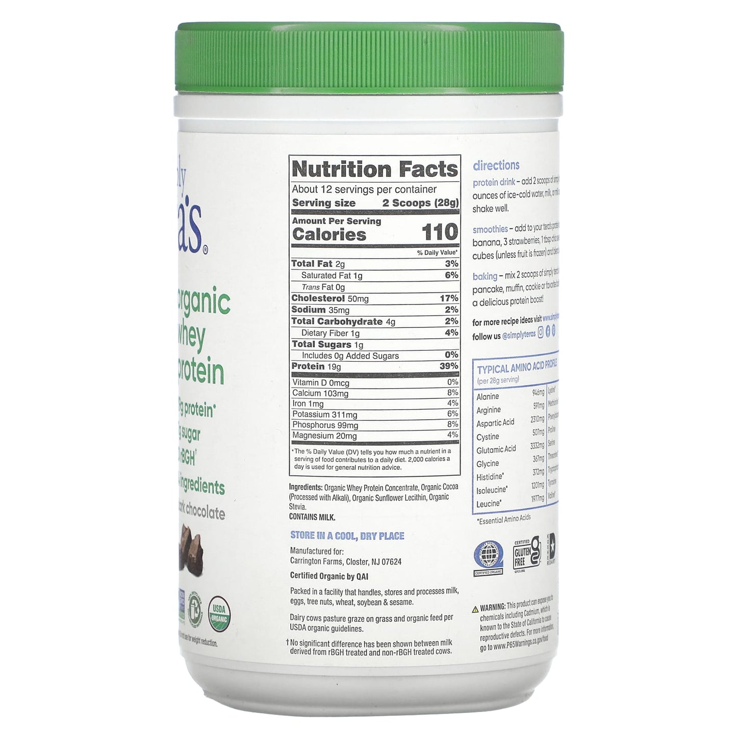 Simply Tera's, Organic Whey Protein, Dark Chocolate, 12 oz (340 g) - Image 2