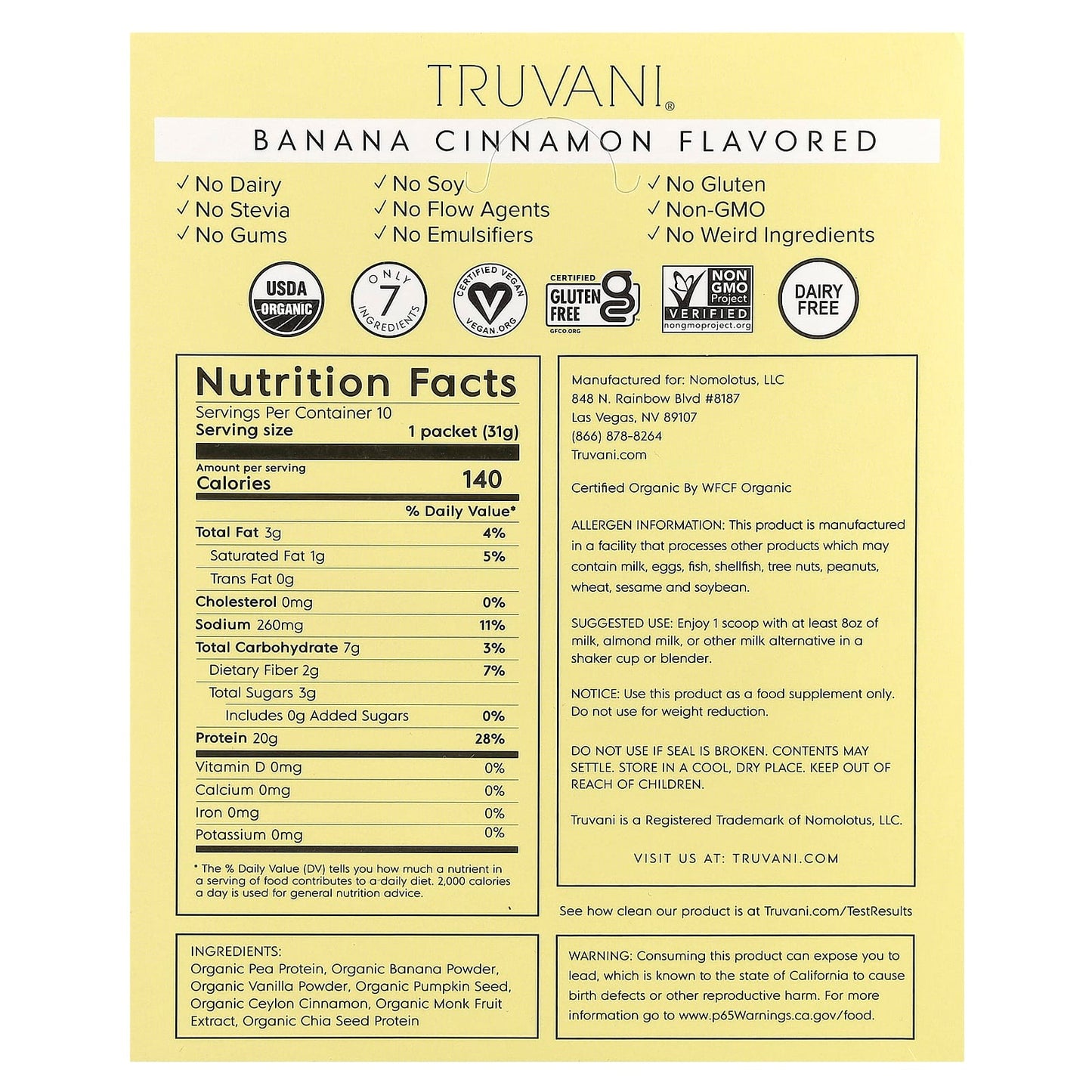 Truvani, Plant Based Protein, Banana Cinnamon, 10 Packs, 1.09 oz (31 g) Each - Image 2