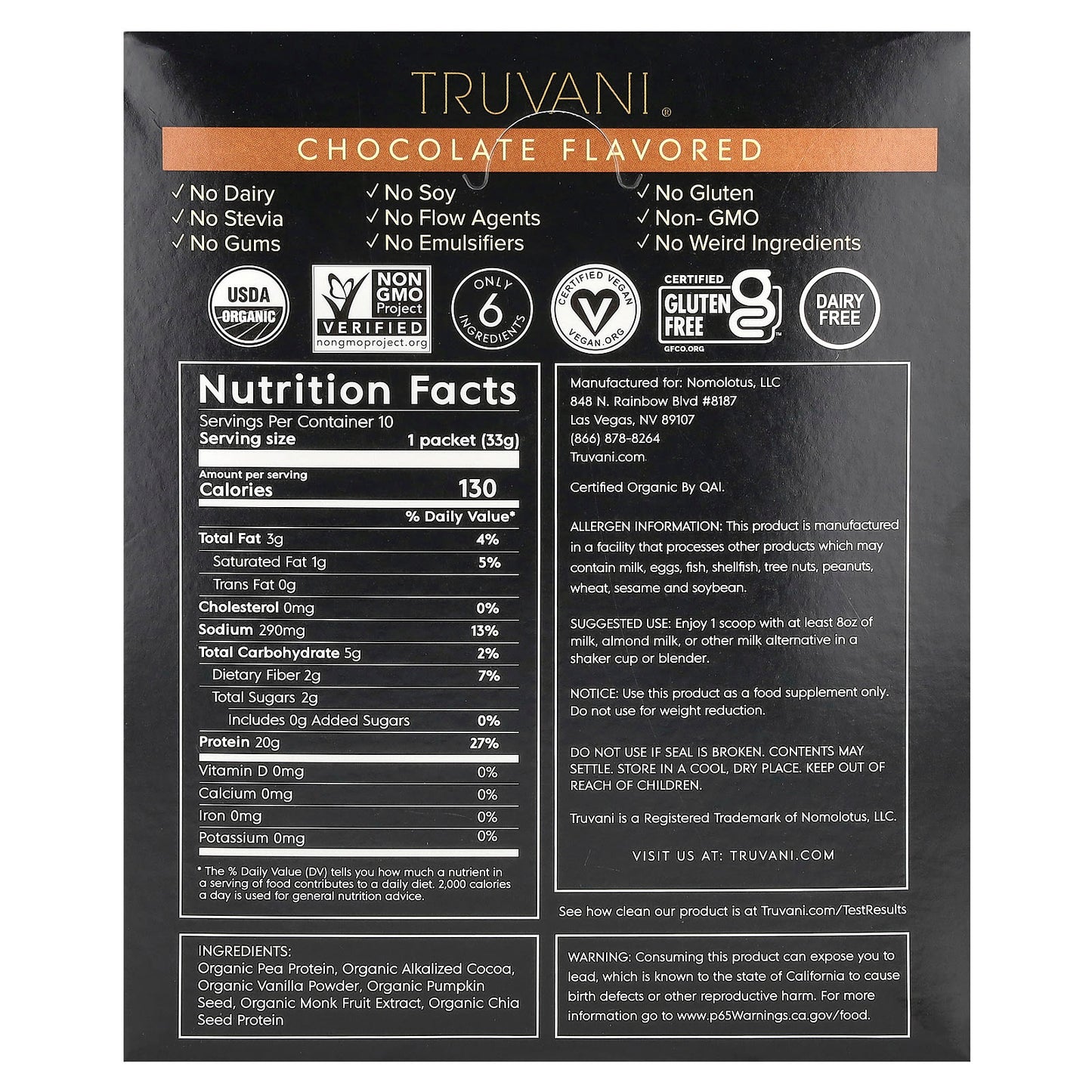 Truvani, Plant Based Protein, Chocolate, 10 Packs, 1.16 oz (33 g) Each - Image 2