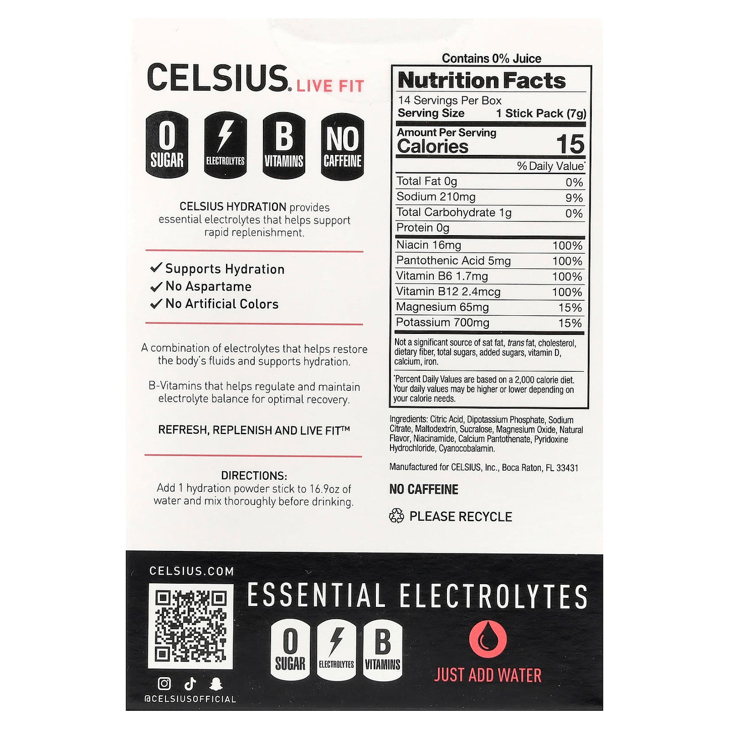Celsius, Live Fit, Hydration, Essential Electrolytes, No Caffeine, Strawberry Watermelon, 14 Hydration Powder Sticks, 0.26 oz (7.28 g) Each