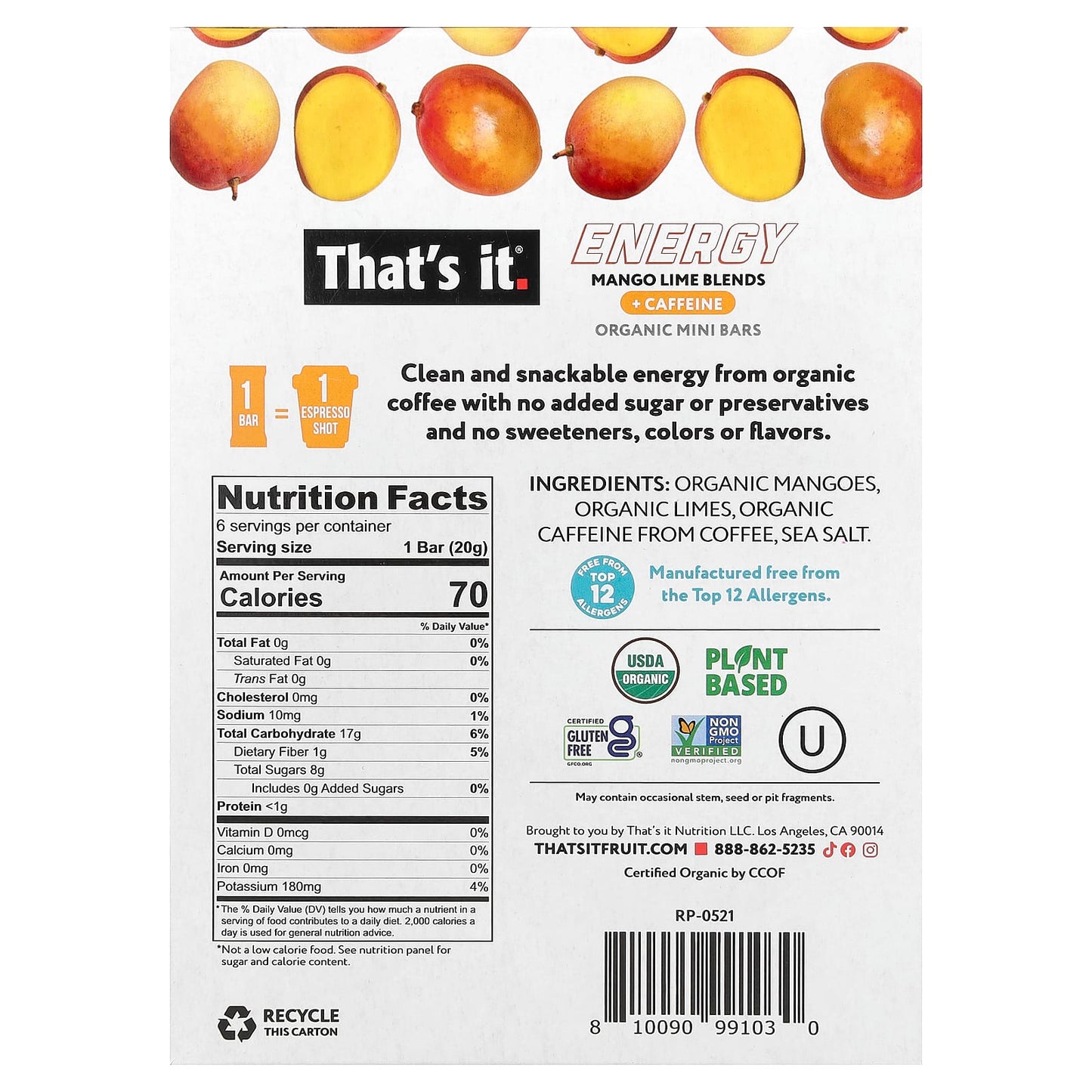 That's It, Energy, Organic Mini Bars, Mango Lime Blends, 6 Mini Bars, 0.7 oz (20 g) Each - Image 2