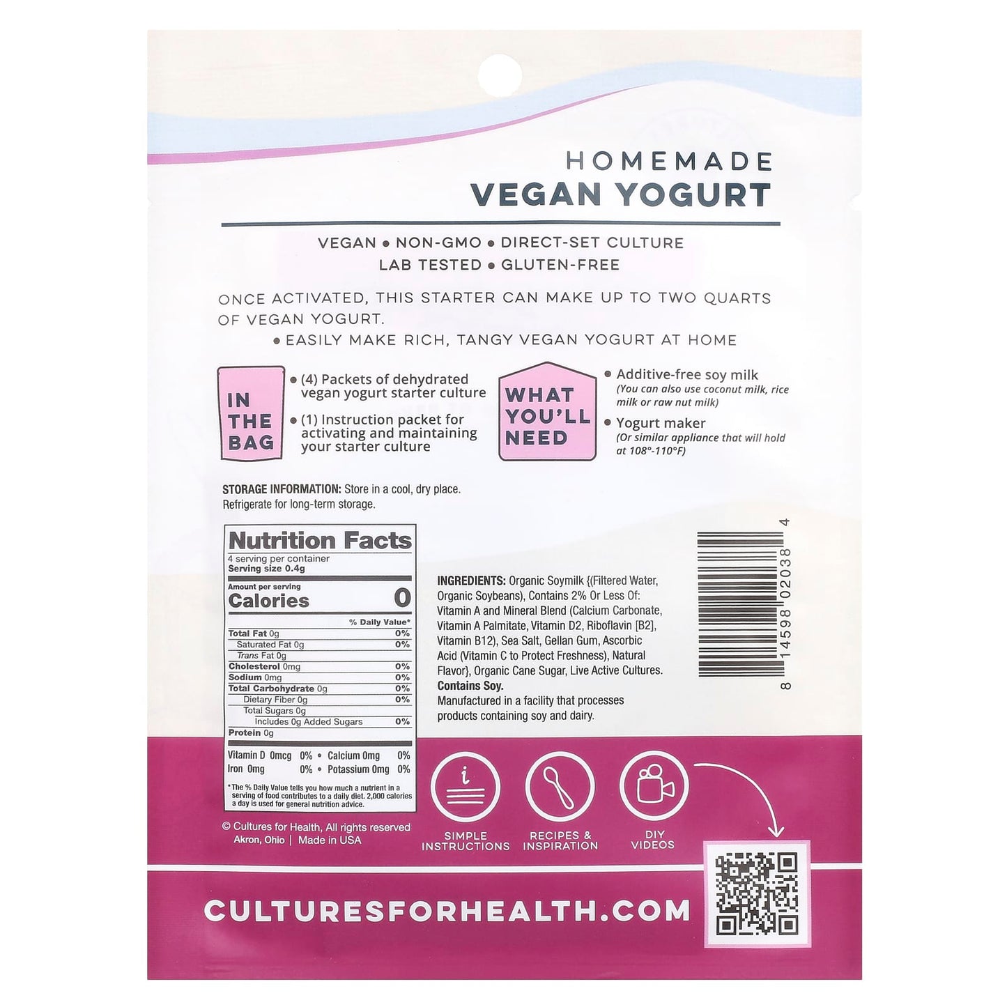 Cultures for Health, Vegan Yogurt, 4 Packets, .06 oz (1.6 g)