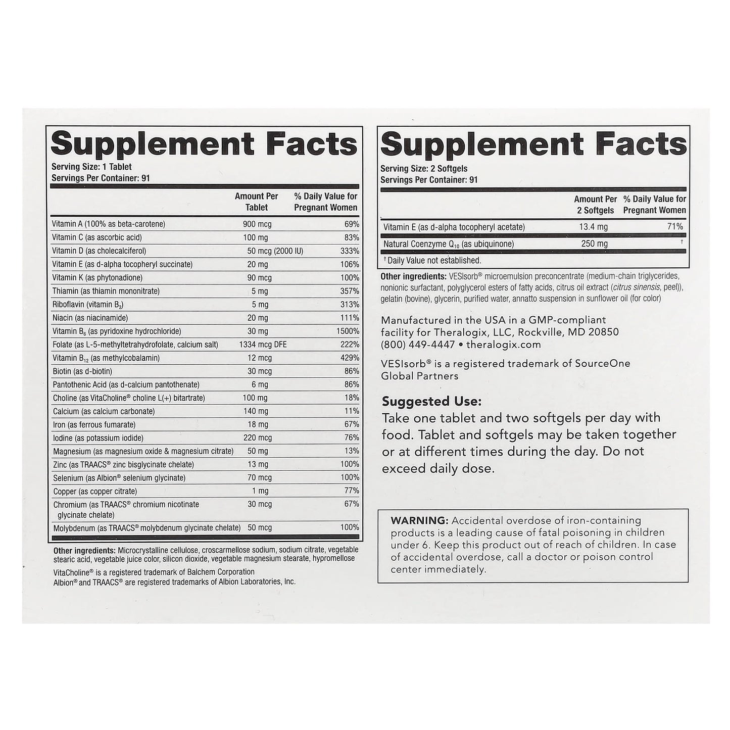 Theralogix, TheraNatal, OvaVite, 91 Tablets + 182 Softgels - Image 2