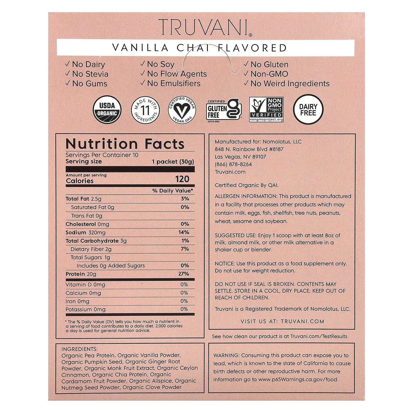 Truvani, Plant Based Protein, Vanilla Chai, 10 Packs, 1.08 oz (30. 6 g) - Image 2