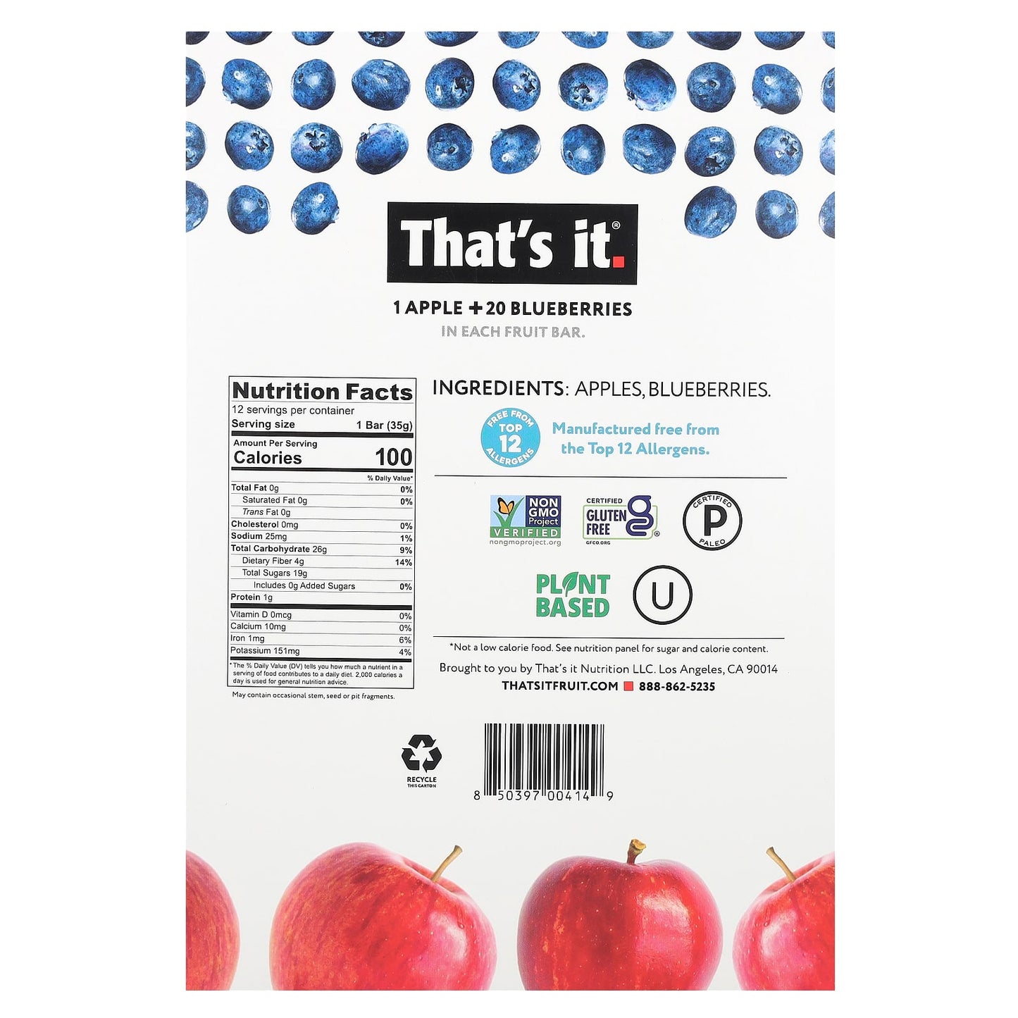 That's It, Fruit Bars, Apple + Blueberries, 12 Bars, 1.2 oz (35 g) Each - Image 2