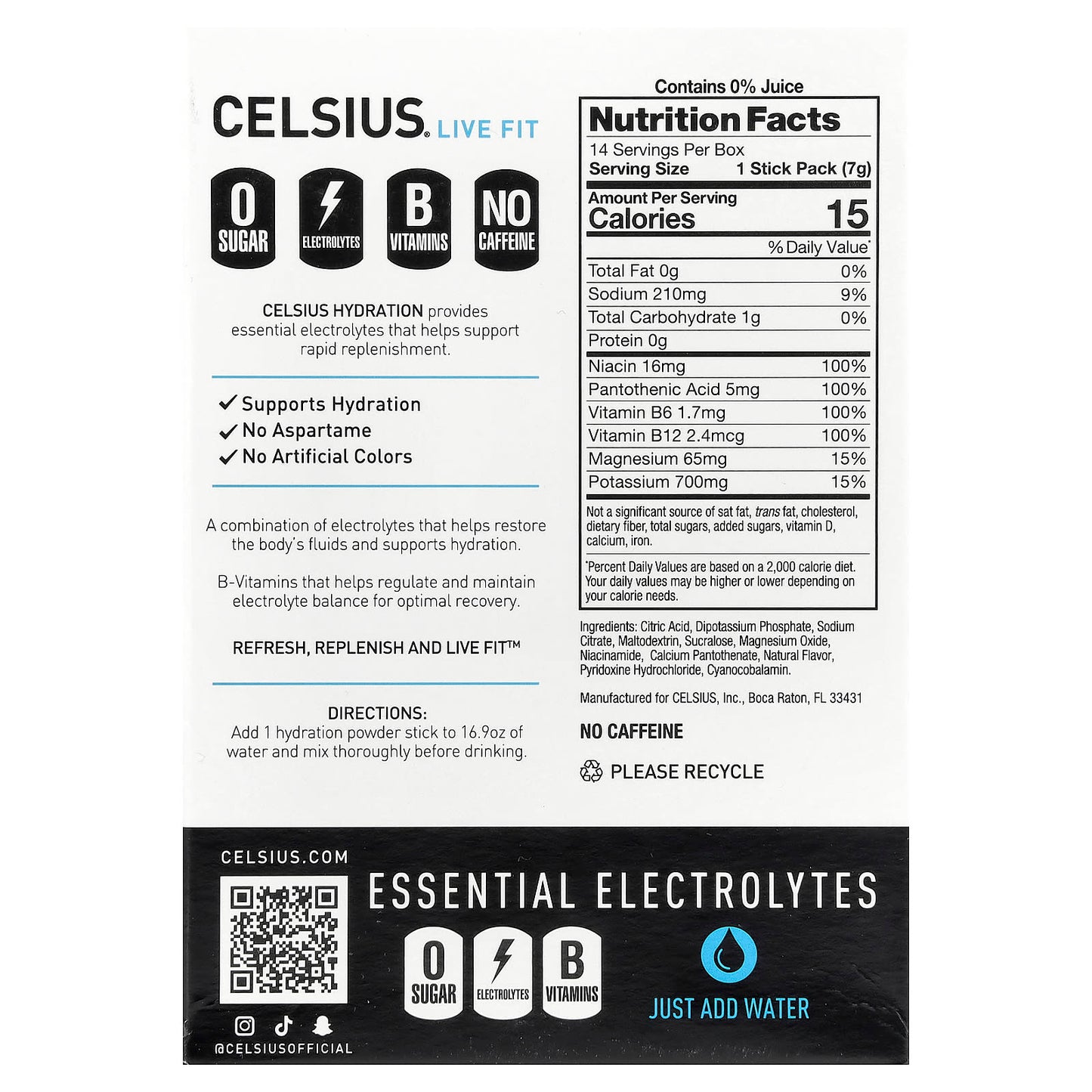Celsius, Live Fit, Hydration, Essential Electrolytes, No Caffeine, Blue Razz, 14 Hydration Powder Sticks, 0.26 oz (7.28 g) Each
