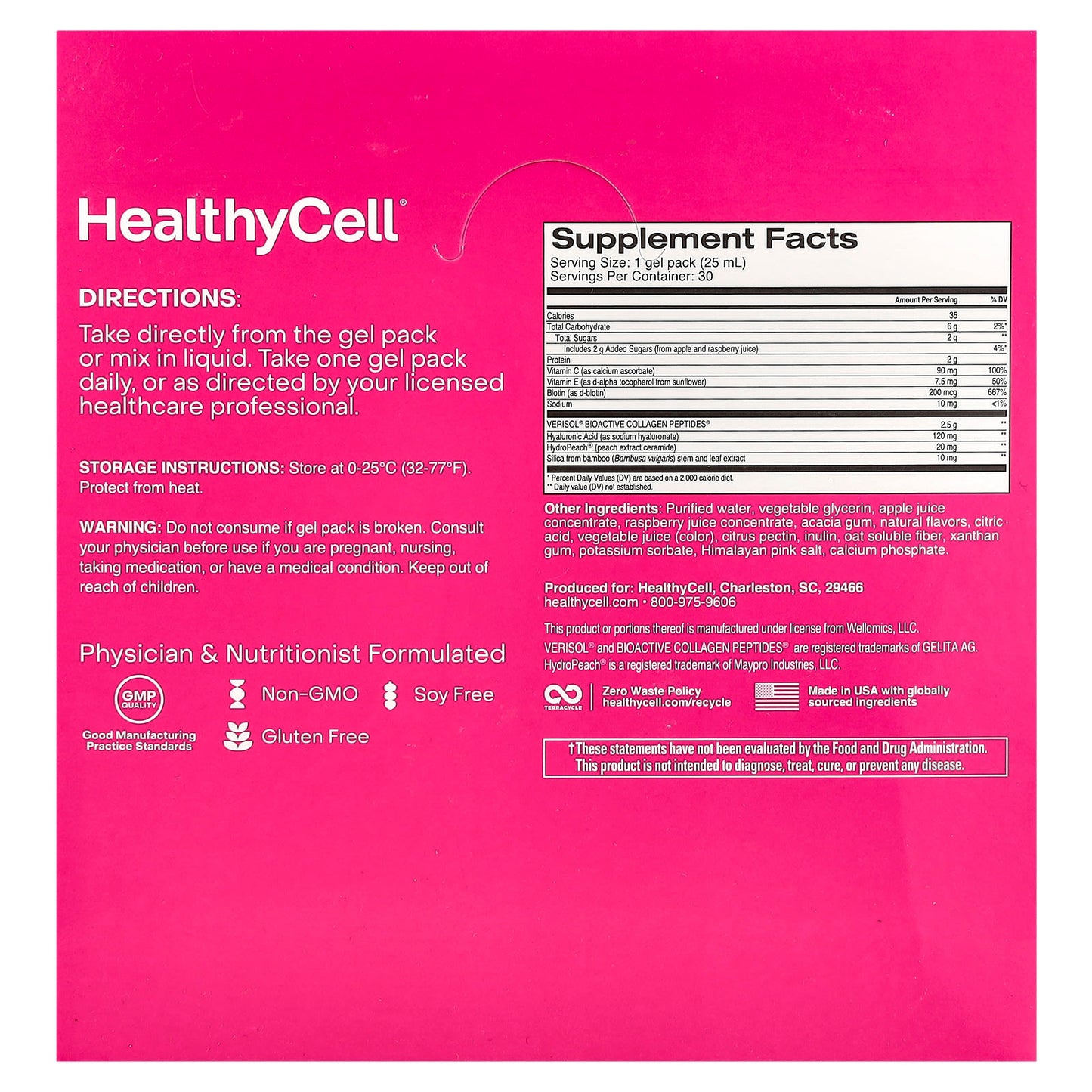 HealthyCell, Vibrant Hair, Skin & Nails, Raspberry, 30 Gel Packs, 0.84 fl oz (25 ml) Each