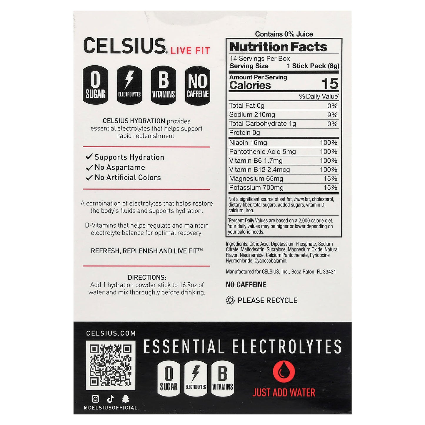 Celsius, Live Fit, Hydration, Essential Electrolytes, No Caffeine, Fruit Punch, 14 Hydration Powder Sticks, 0.27 oz (7.76 g) Each