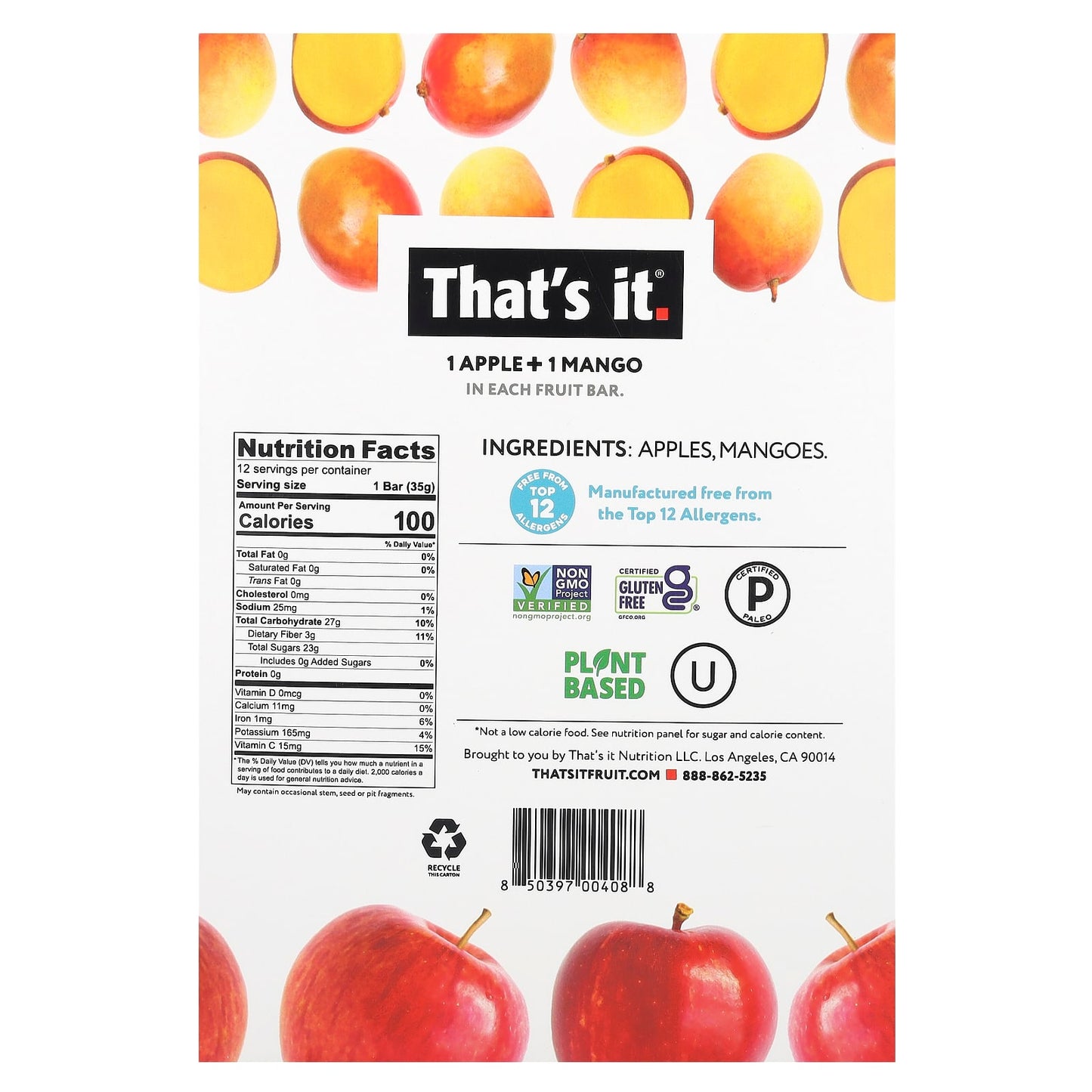 That's It, Fruit Bars, Apple + Mangoes, 12 Bars, 1.2 oz (35 g) Each - Image 2