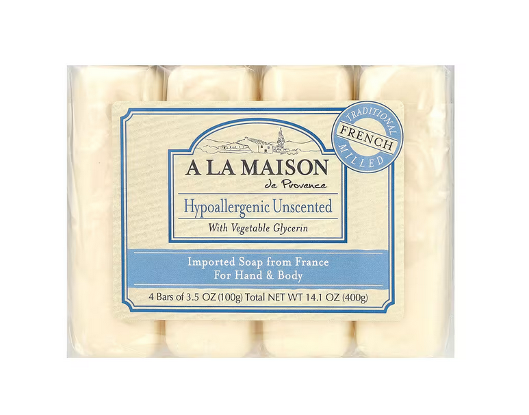 A La Maison de Provence, Hand & Body Soap Bar, Hypoallergenic Unscented, 4 Bars, 3.5 oz (100 g) Each