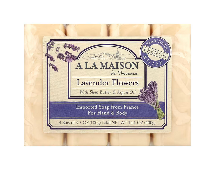 A La Maison de Provence, Hand & Body Bar Soap, Lavender Flowers, 4 Bars, 3.5 oz (100 g) Each