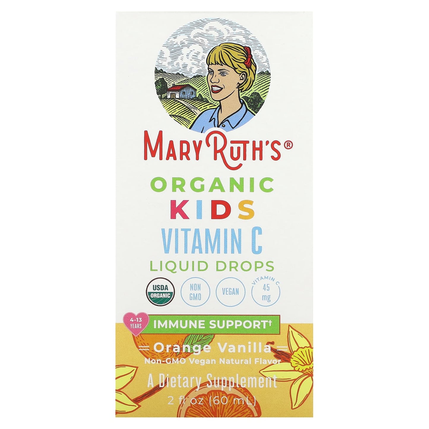 MaryRuth's, Organic Kids Vitamin C Liquid Drops, 4-13 Years, Orange Vanilla, 45 mg, 2 fl oz (60 ml) - Image 1