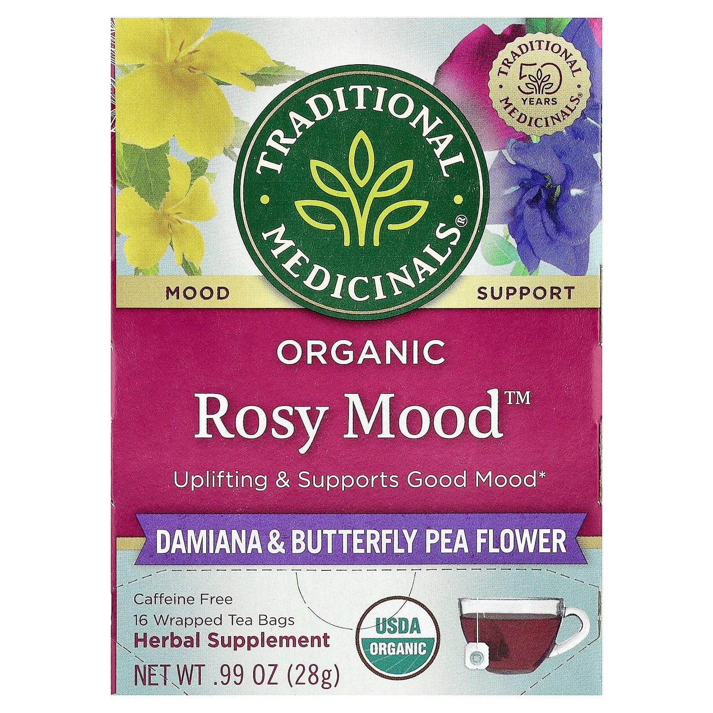 Traditional Medicinals, Organic Rosy Mood™, Damiana & Butterfly Pea Flower, Caffeine Free, 16 Wrapped Tea Bags, 0.99 oz (28 g) - Image 1