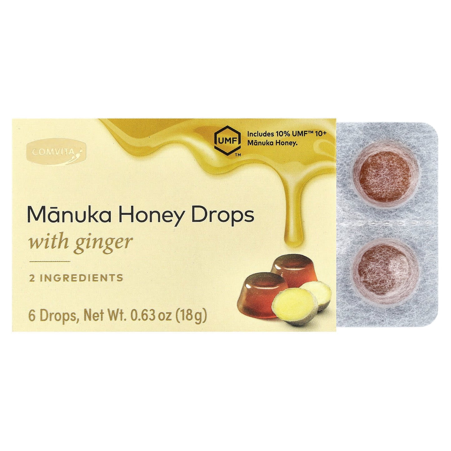 Comvita Manuka Honey Drops with Ginger, 10+ UMF - 6 Drops, 0.63 oz - Image 1