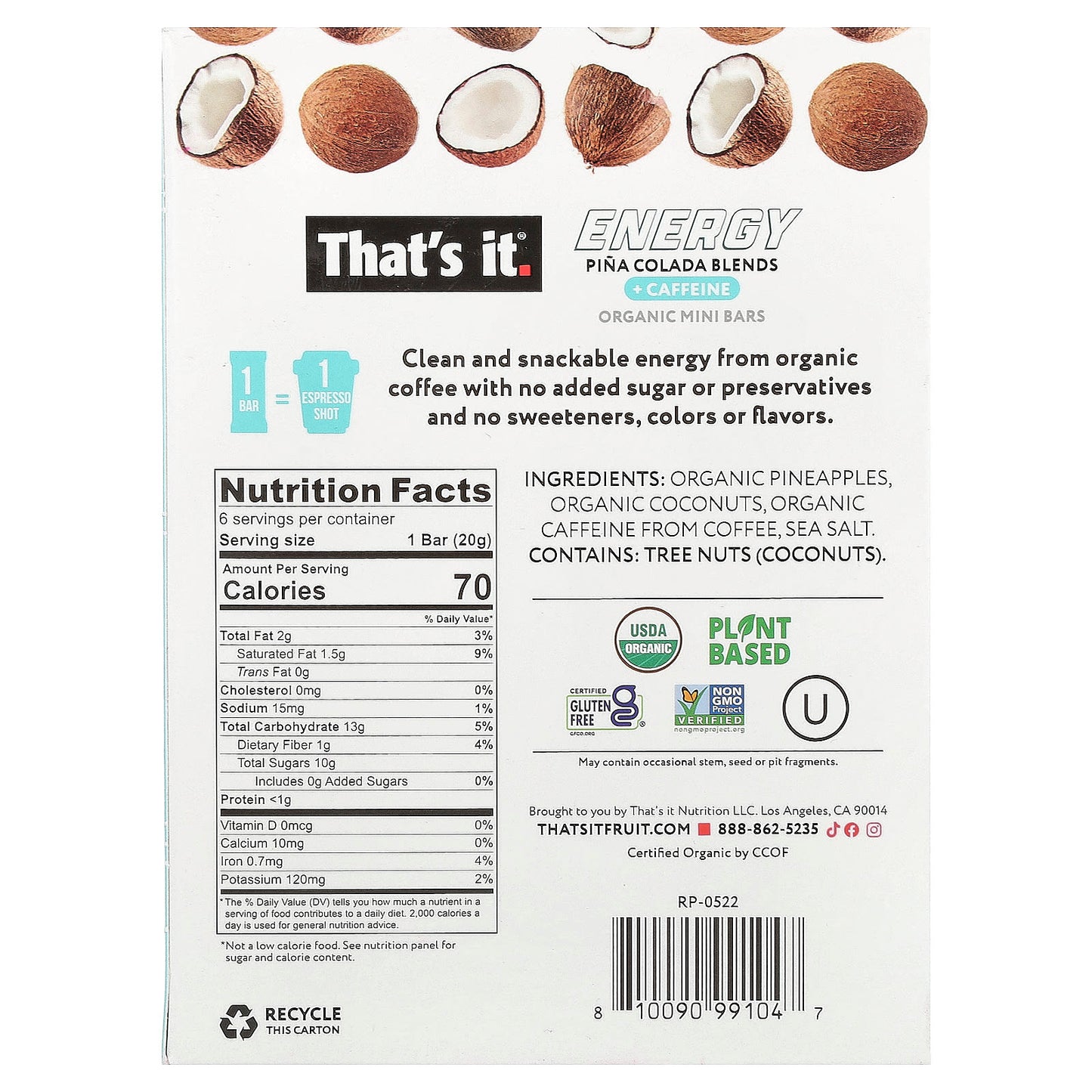 That's It, Energy, Organic Mini Bars, Pina Colada Blends, 6 Mini Bars, 0.7 oz (20 g) Each - Image 2