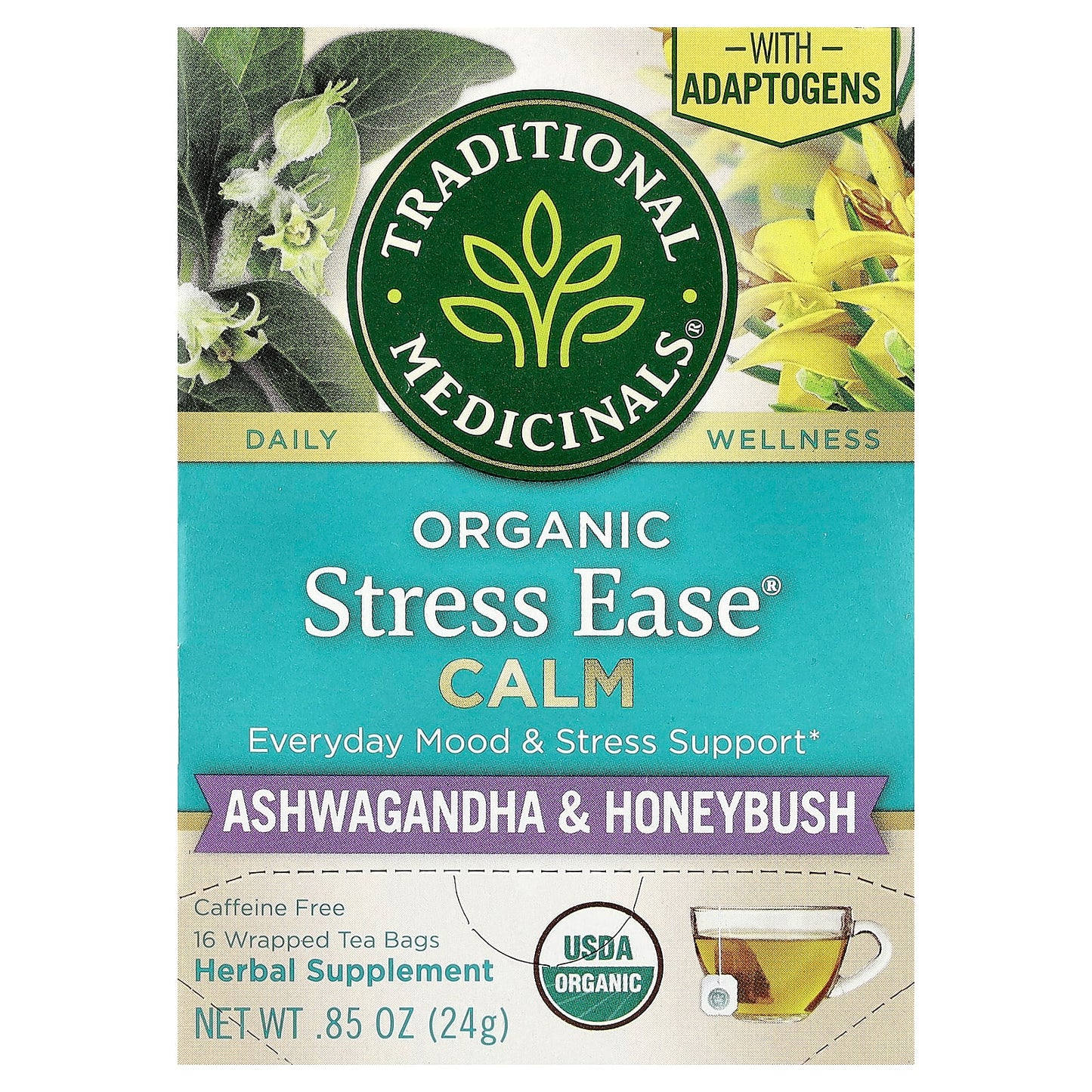Traditional Medicinals, Organic Stress Ease® Calm, Ashwagandha & Honeybush, Caffeine Free, 16 Wrapped Tea Bags, 0.85 oz (24 g) - Image 1