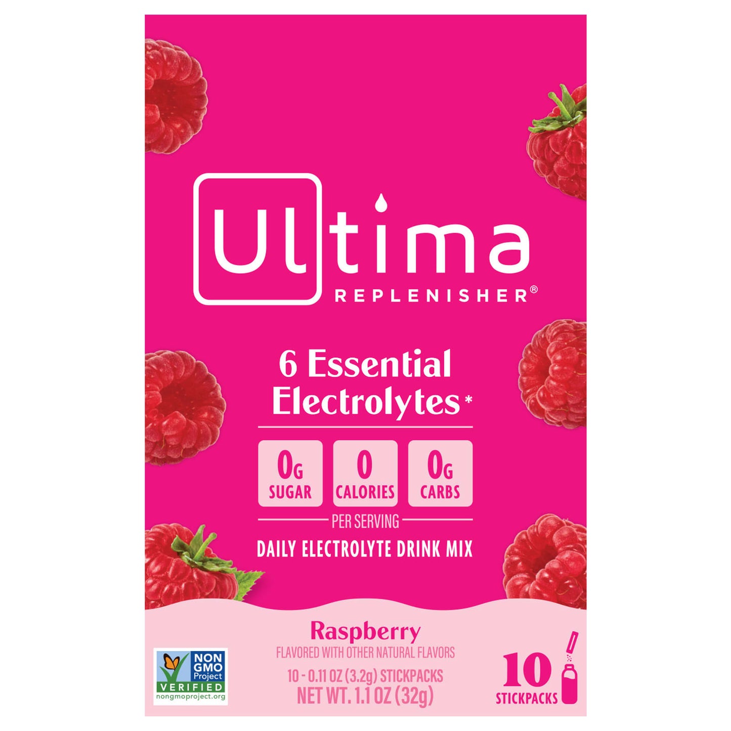 Ultima Replenisher, 6 Essential Electrolytes, Daily Electrolyte Drink Mix, Raspberry, 10 Stickpacks, 0.11 oz (3.2 g) Each - Image 1