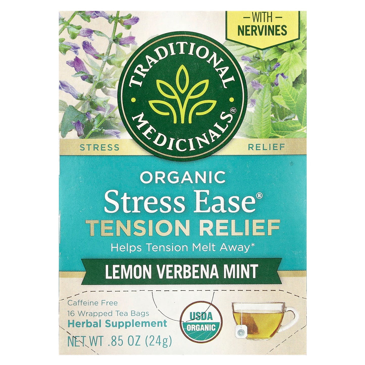 Traditional Medicinals, Organic Stress Ease® Tension Relief, Lemon Verbena Mint, Caffeine Free, 16 Wrapped Tea Bags, 0.85 oz (24 g) - Image 1