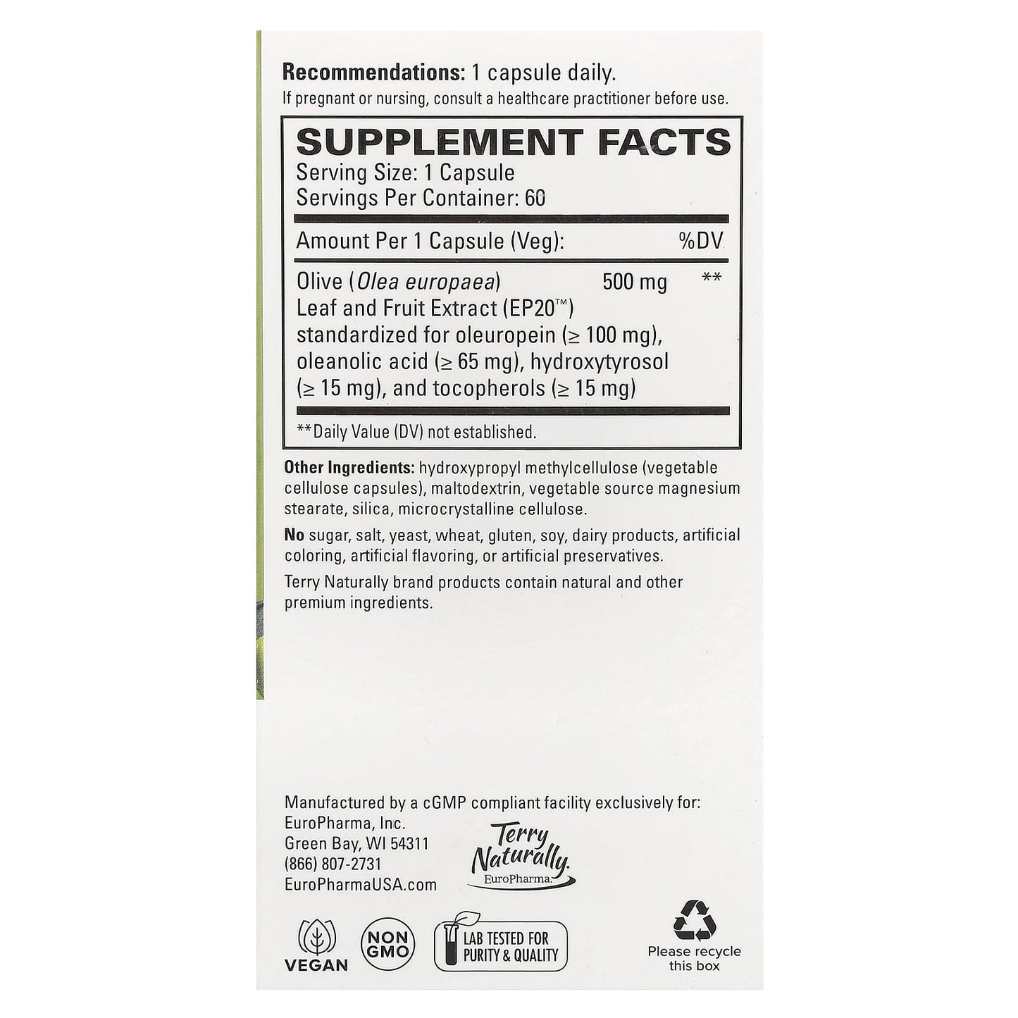 Terry Naturally, Full Spectrum Olive Extract EP20™, 60 Capsules - Image 2