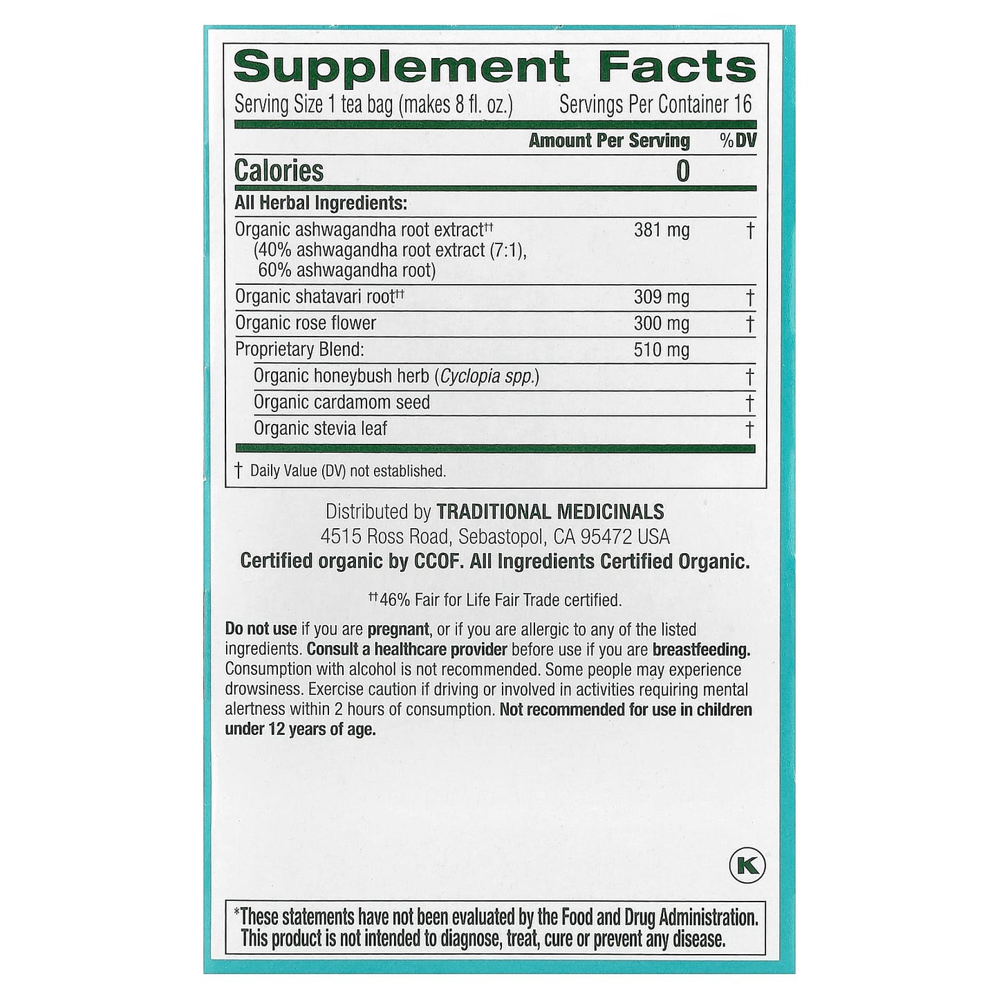 Traditional Medicinals, Organic Stress Ease® Calm, Ashwagandha & Honeybush, Caffeine Free, 16 Wrapped Tea Bags, 0.85 oz (24 g) - Image 2