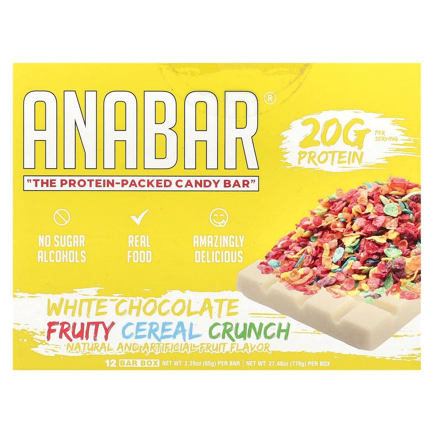 The Anabar, The Protein-Packed Candy Bar®, White Chocolate Fruity Cereal Crunch, 12 Bars, 2.29 oz (65 g) Each - Image 1