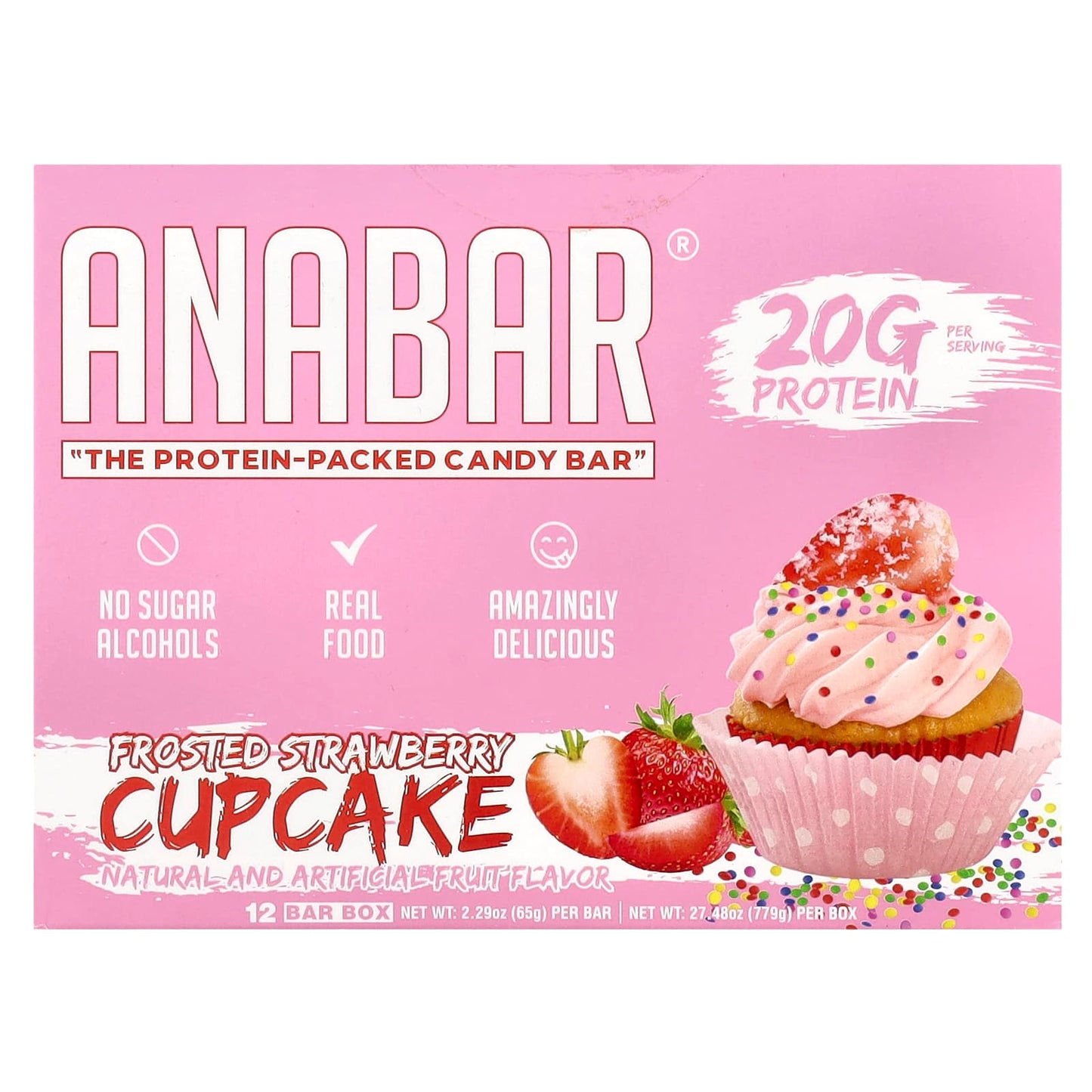 The Anabar, The Protein-Packed Candy Bar®, Frosted Strawberry Cupcake, 12 Bars, 2.29 oz (65 g) Each - Image 1
