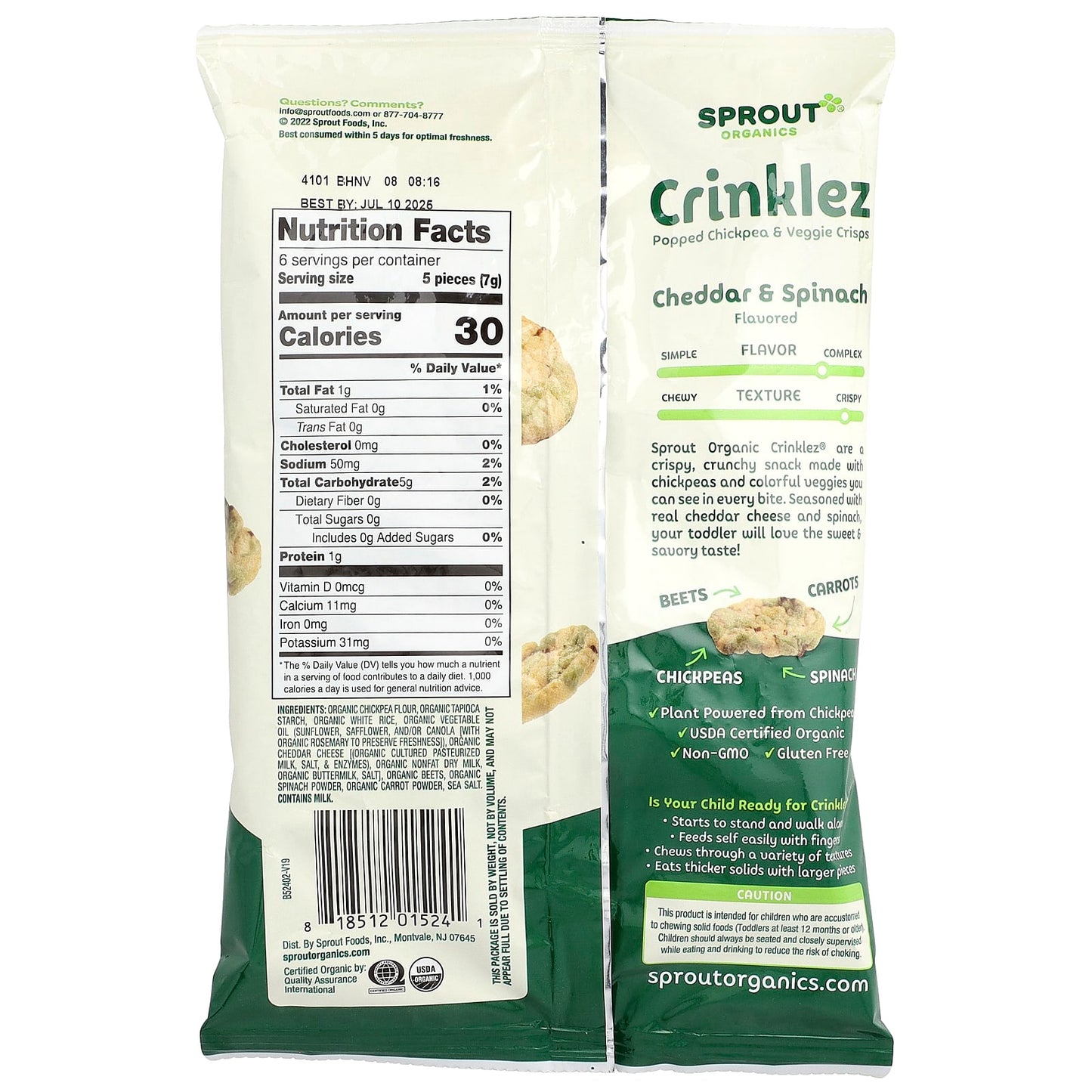 Sprout Organics, Crinklez®, Organic Popped Chickpea & Veggie Crisps, 12 Months & Up, Cheddar & Spinach, 1.48 oz (42 g) - Image 2