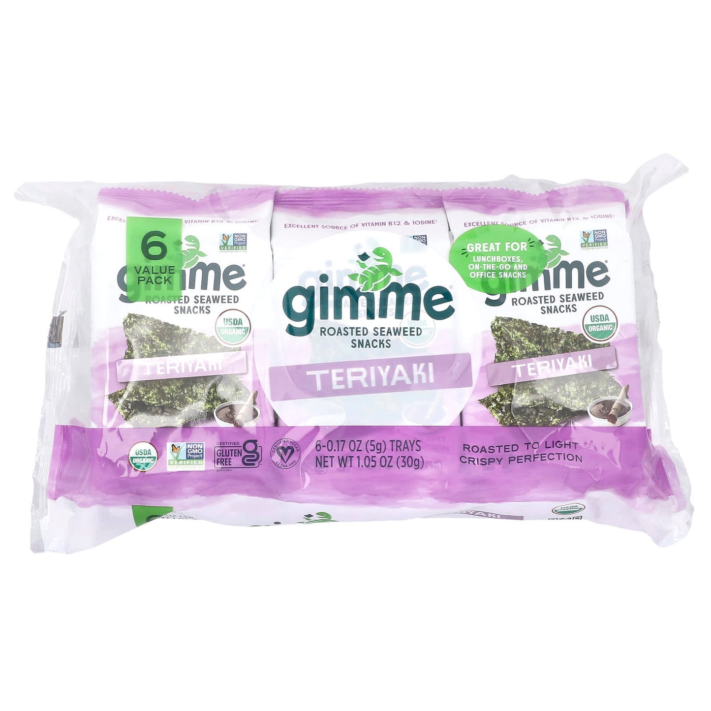 Delicious gimMe Organic Teriyaki Seaweed Snacks, 6 Packs, 0.17 oz Each - Image 1