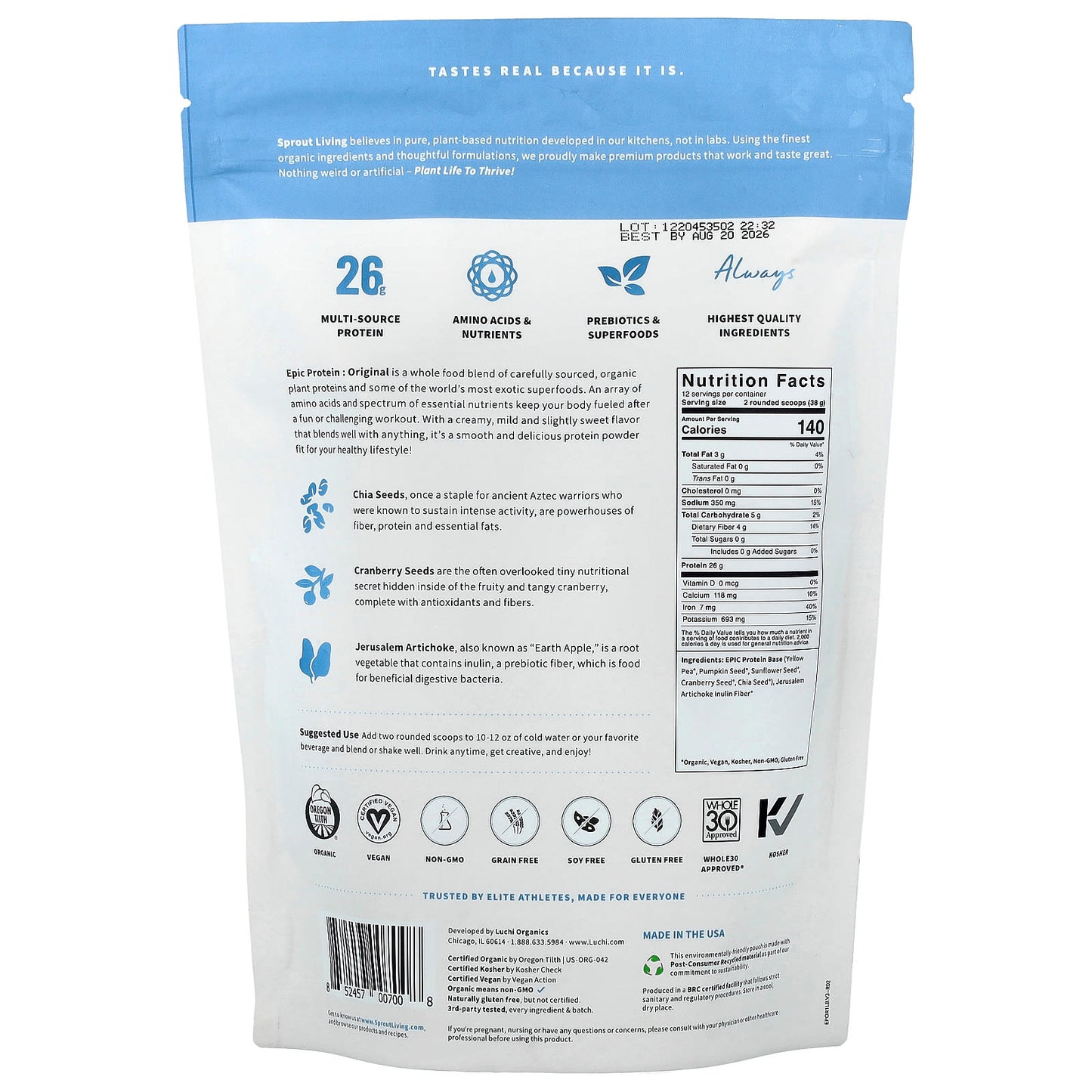 Sprout Living, Epic Protein®, Organic Plant Protein + Superfoods, Original, 1 lb (456 g) - Image 2