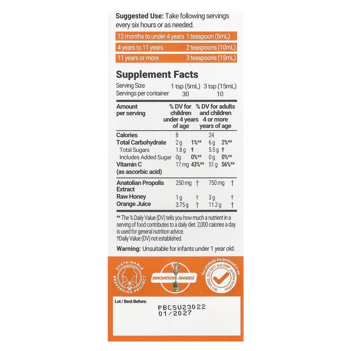 Bee&You, Propolis Raw Honey Vit C Syrup, 5 fl oz (150 ml)