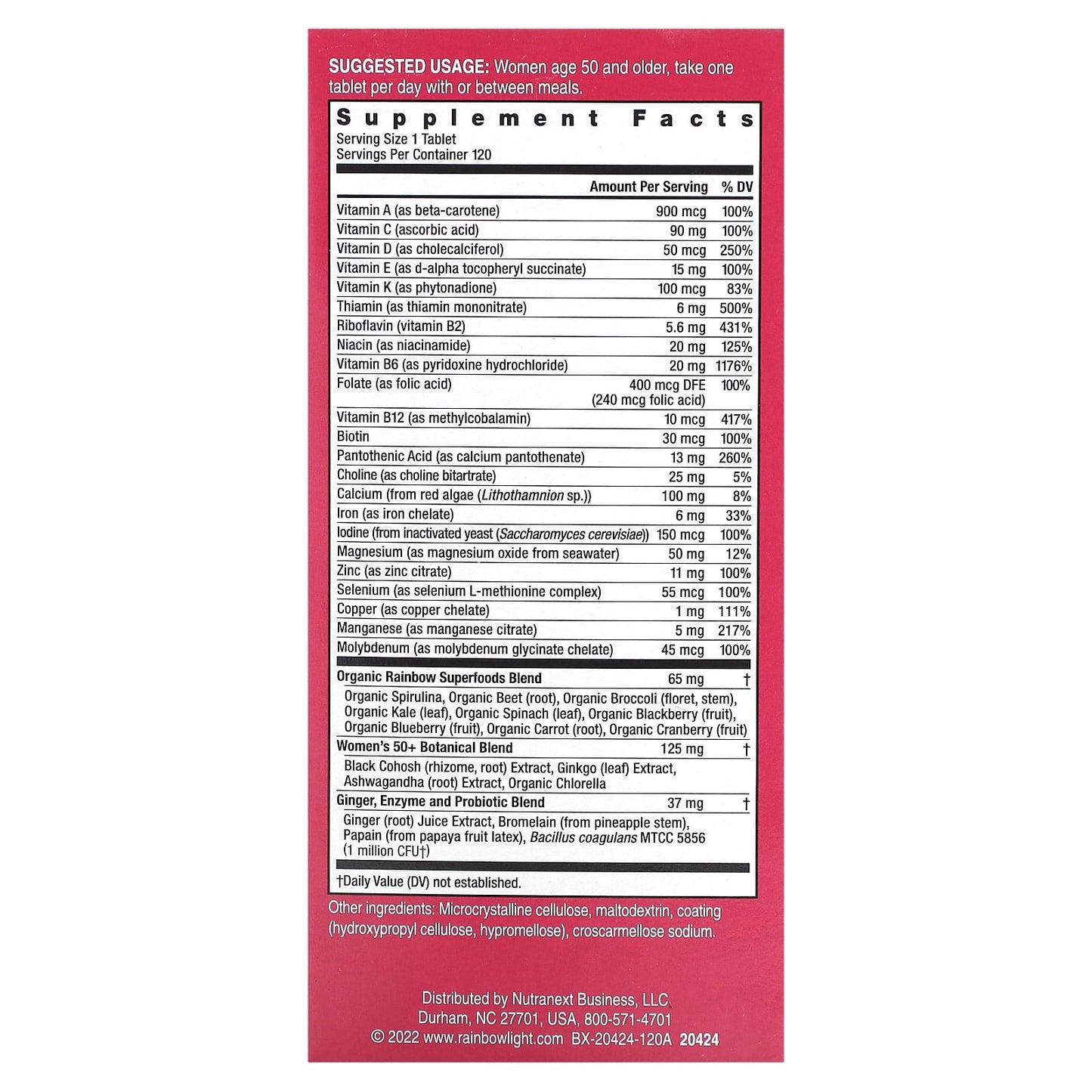 Rainbow Light, Women's One 50+, Daily Multivitamin, High Potency, 120 Vegetarian Tablets - Image 2