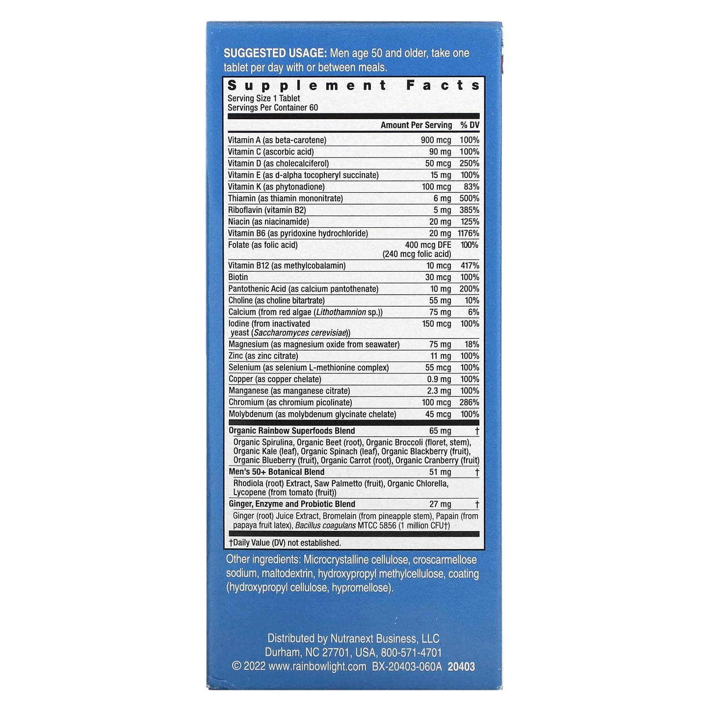 Rainbow Light, Men's One 50+ Daily Multivitamin, High Potency, 60 Vegetarian Tablets - Image 2