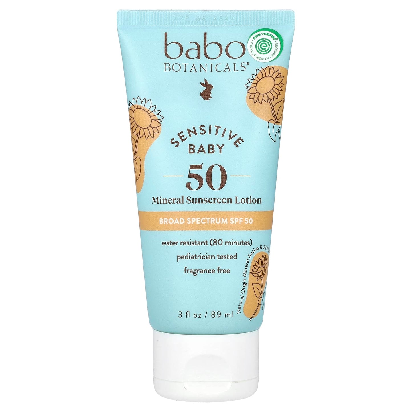 Babo Botanicals Sensitive Baby Mineral Sunscreen Lotion, SPF 50, Fragrance Free, 3 fl oz - Image 1