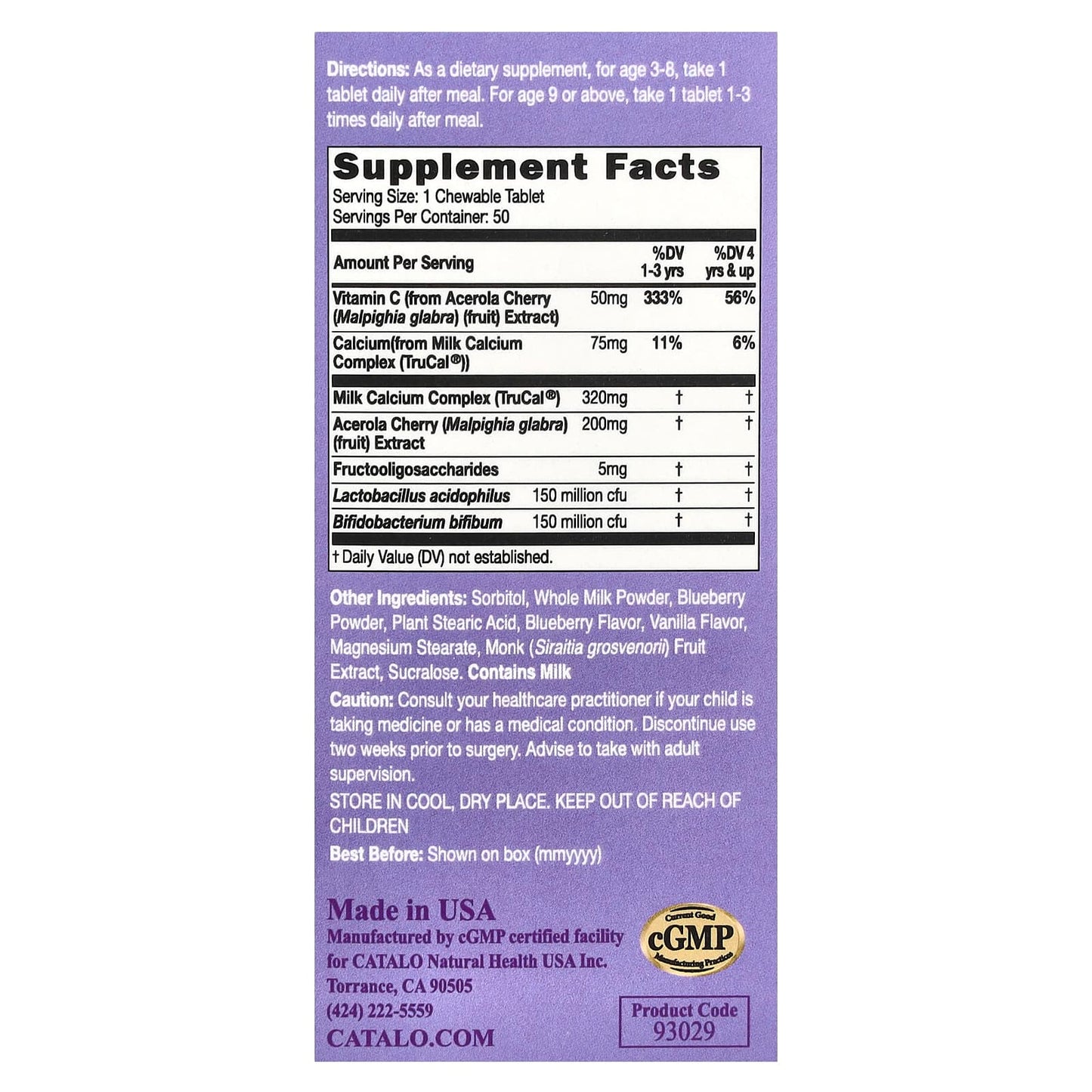 CATALO Children's Milk Calcium + Probiotics with Vitamin C - 50 Chewable Tablets - Image 2