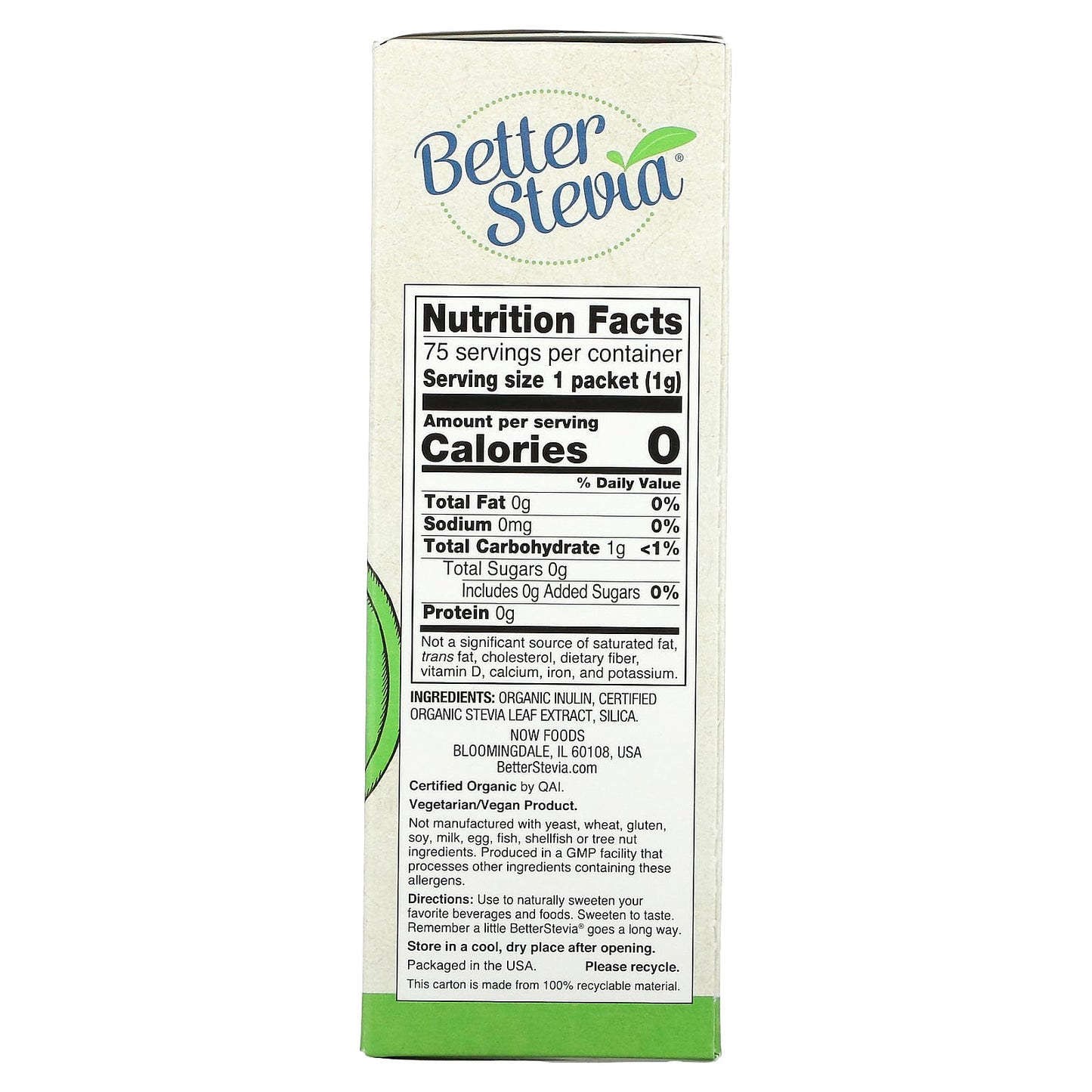 NOW Foods, Organic Better Stevia, Zero-Calorie Sweetener, 75 Packets, 2.65 oz (75 g)