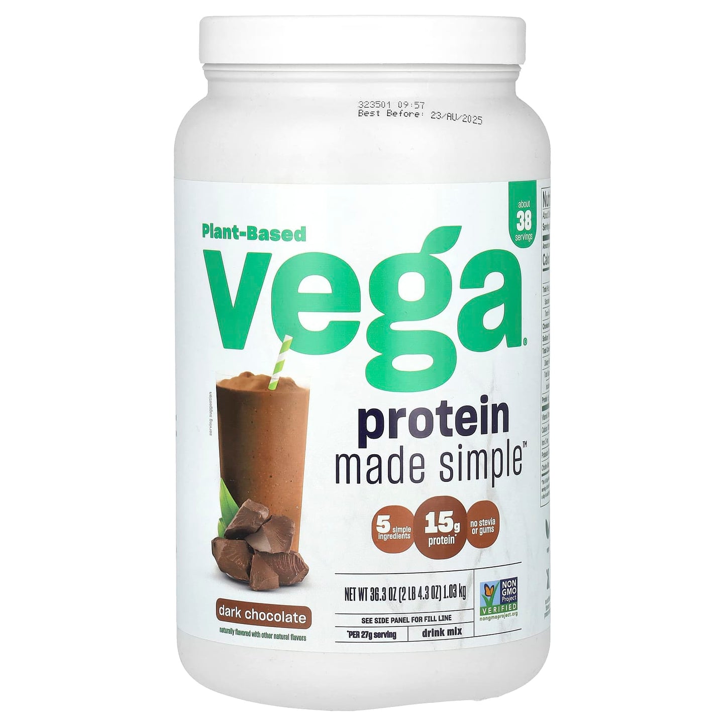 Vega, Plant-Based Protein Made Simple, Dark Chocolate, 2 lb 4.3 oz (1.03 kg) - Image 1