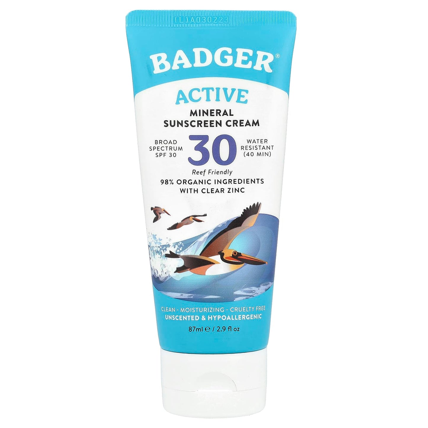 Badger Active Mineral Sunscreen Cream, SPF 30, Unscented, 2.9 fl oz - Image 1