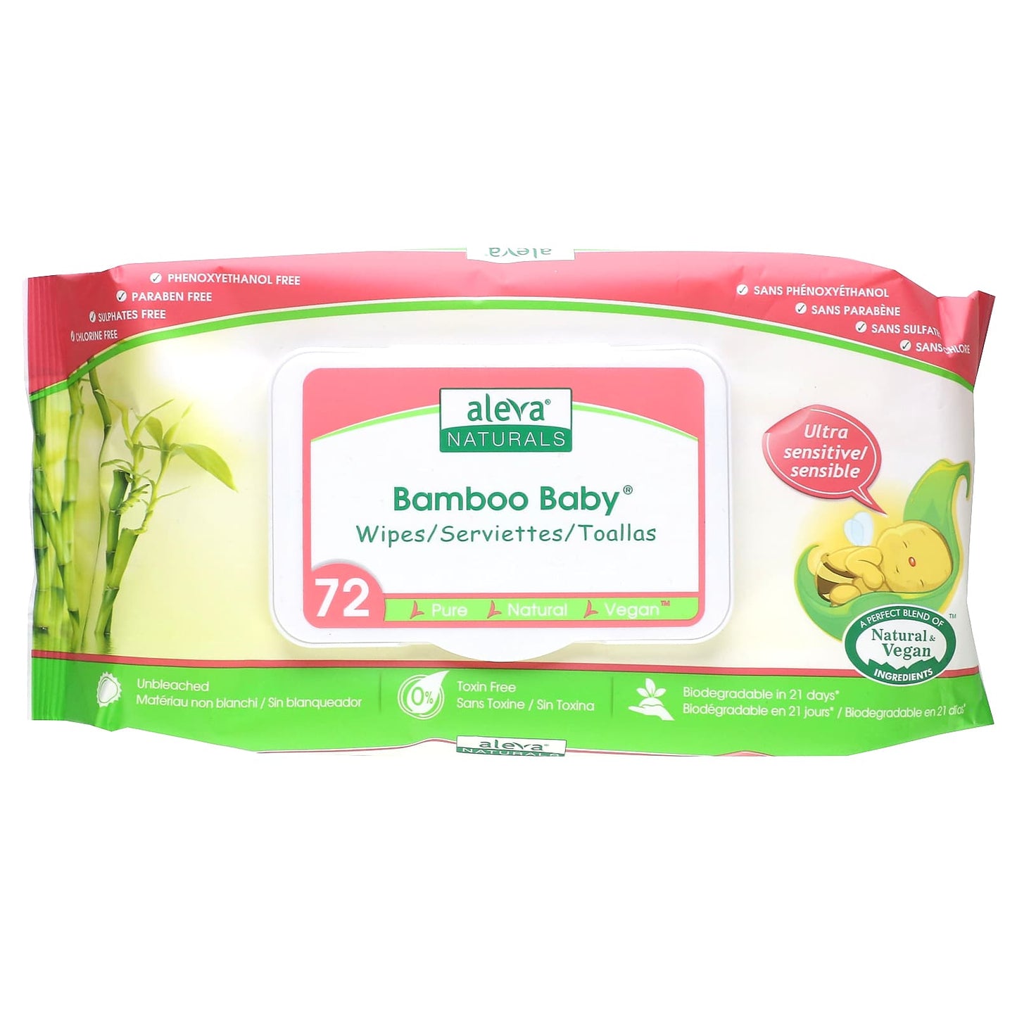 Bamboo Baby Wipes Ultra Sensitive, Fragrance Free, 72 Count by Aleva Naturals - Image 1