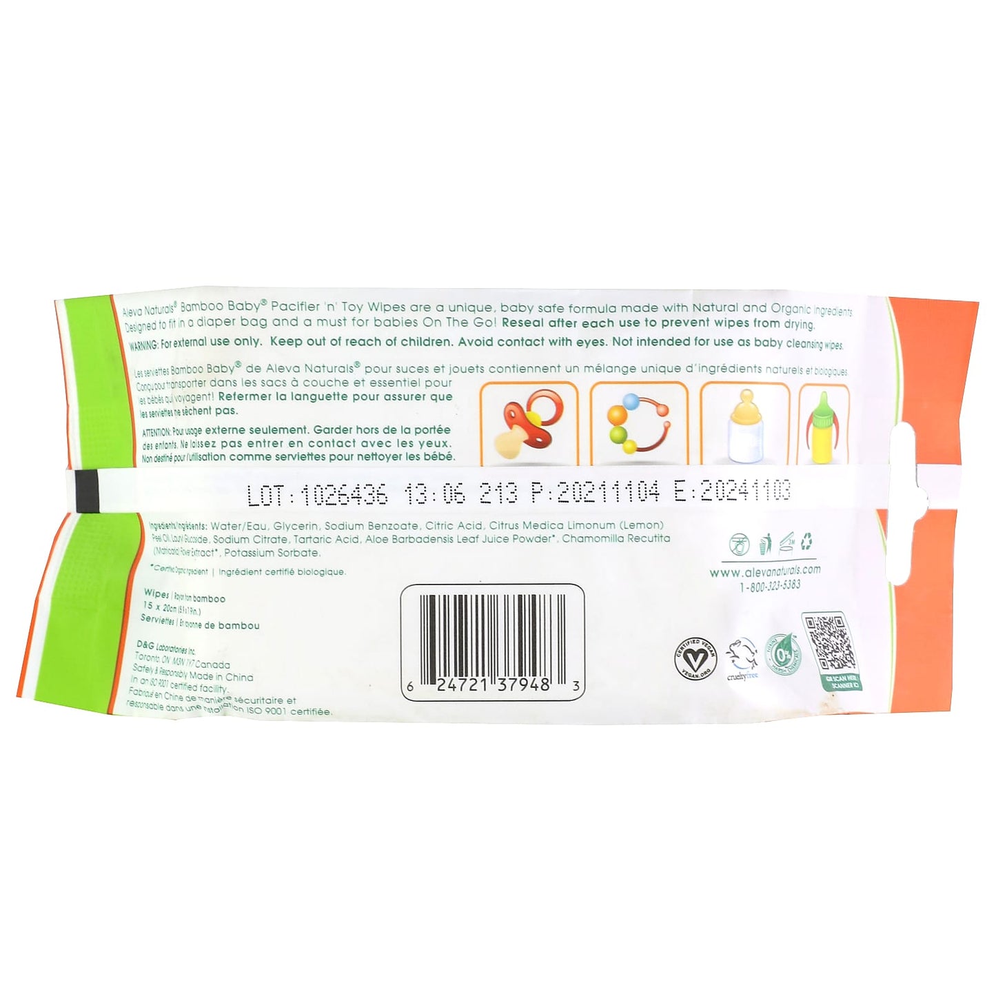 Natural Bamboo Baby Pacifier & Toy Wipes by Aleva Naturals, 30 Count - Image 2