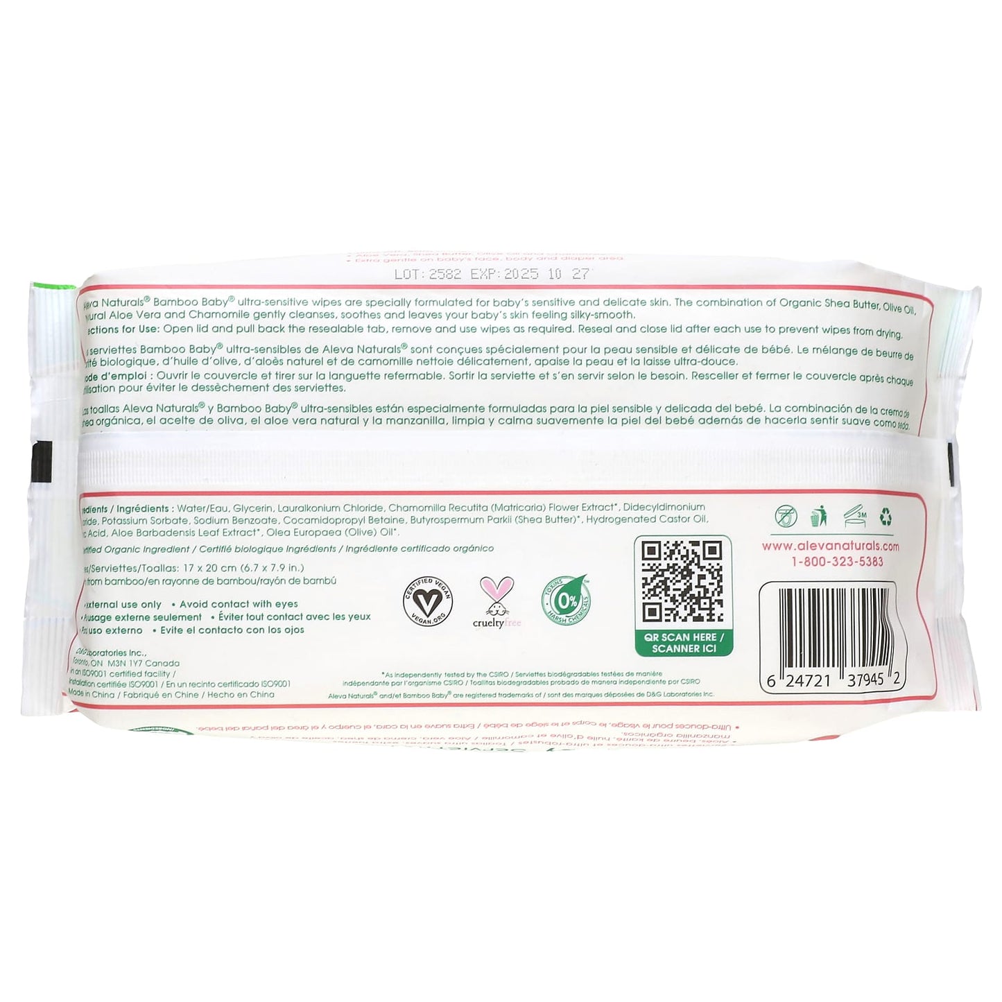 Bamboo Baby Wipes Ultra Sensitive, Fragrance Free, 72 Count by Aleva Naturals - Image 2
