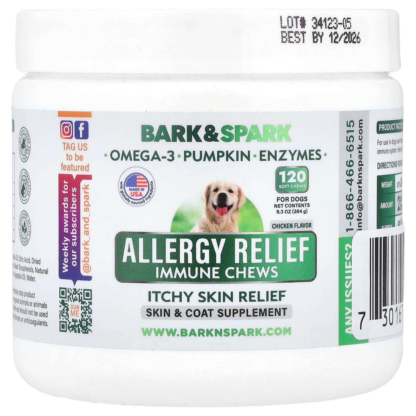 Bark&Spark Dog Allergy Relief Chews, Itchy Skin Support 120 Soft Chews - Image 1