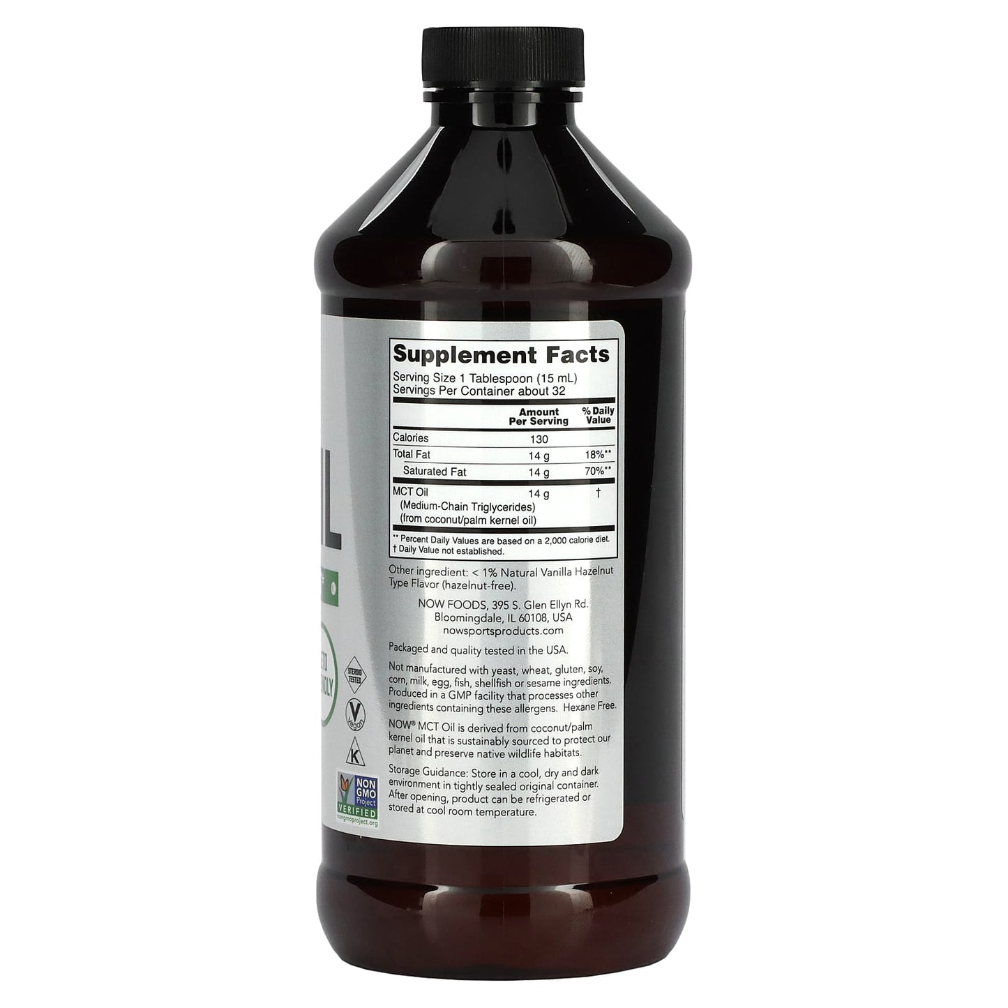 NOW Foods, Sports, MCT Oil, Vanilla Hazelnut, 14 g, 16 fl oz (473 ml)