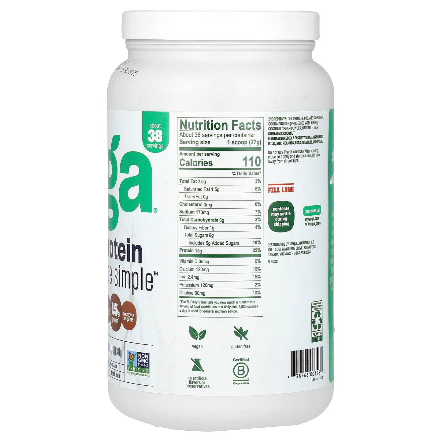 Vega, Plant-Based Protein Made Simple, Dark Chocolate, 2 lb 4.3 oz (1.03 kg) - Image 2