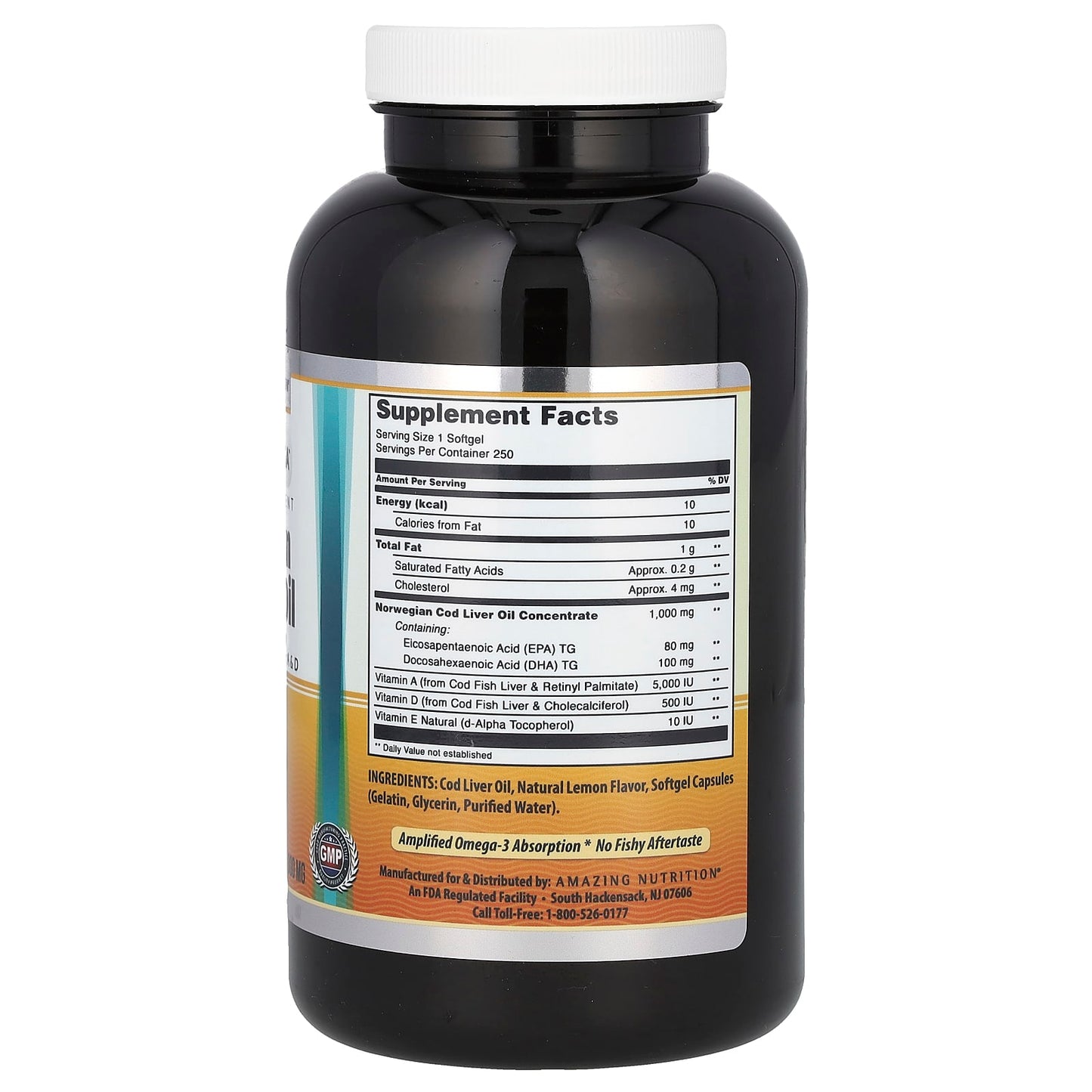 Norwegian Cod Liver Oil with Omega-3, 1000mg, 250 Softgels - Amazing Nutrition - Image 2