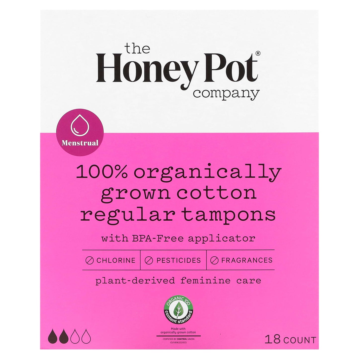 The Honey Pot Company, 100% Organically Grown Cotton Tampons, Regular, 18 Count - Image 1