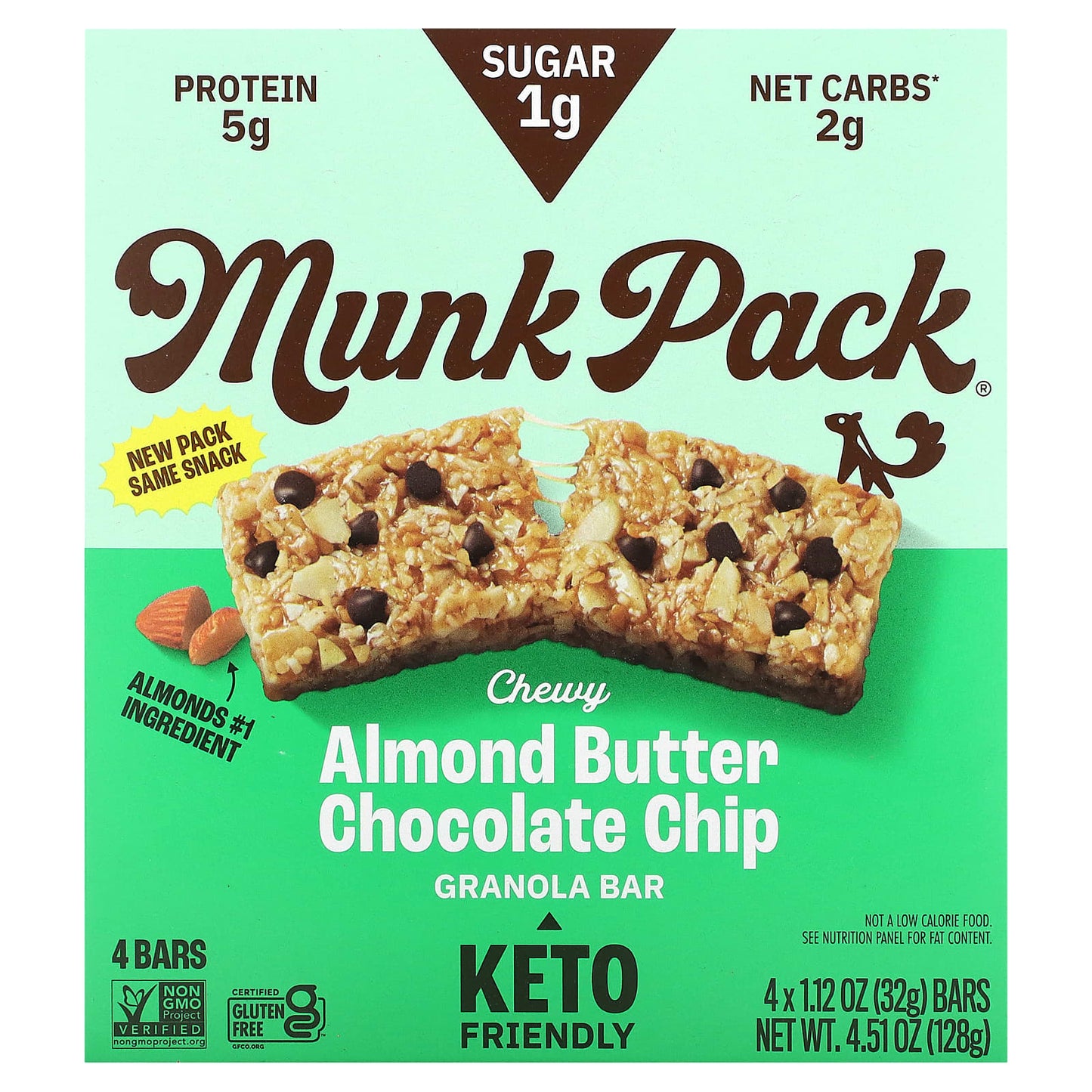 Munk Pack, Chewy Granola Bar, Almond Butter Chocolate Chip, 4 Bars, 1.12 oz (32 g) Each - Image 1