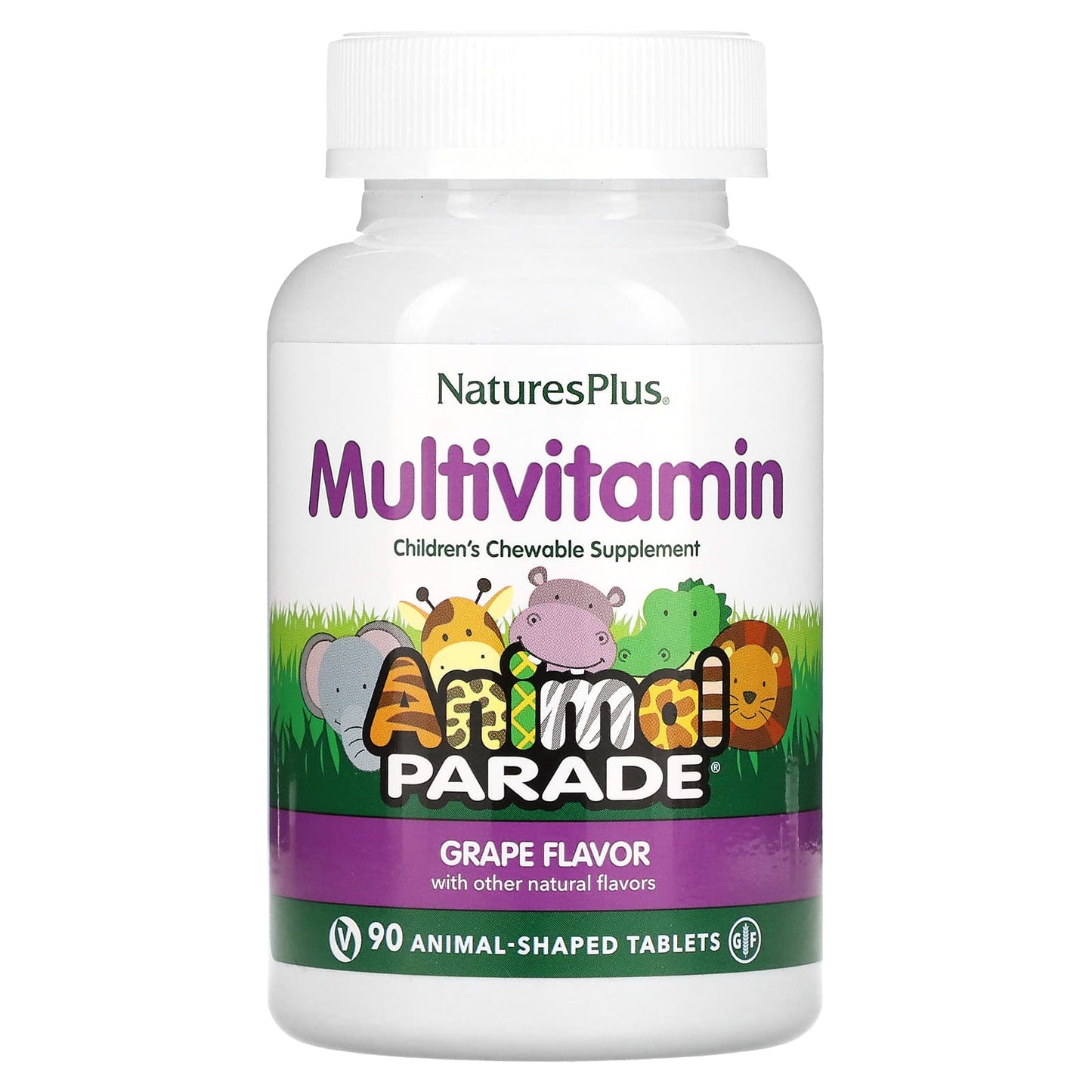 NaturesPlus, Animal Parade, Children's Chewable Multivitamin Supplement, Grape, 90 Animal-Shaped Tablets - Image 1